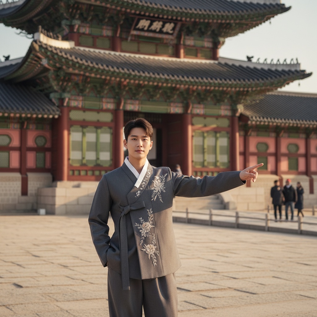 David, a dynamic 22-year-old Asian male model, stands confidently in front of the historical Gyeongbokgung Palace. He wears a tailored charcoal-grey hanbok with intricate embroidery, showcasing a modern twist on traditional attire, featuring an asymmetrical jacket paired with wide-legged trousers. The palace's majestic architecture serves as the backdrop, adorned with vibrant red and blue accents. Striking a poised stance with one hand in his pocket and the other gesturing toward the iconic palace doors, the scene is bathed in warm cinematic lighting, highlighting the golden detailing and ornate features. The composition follows the rule of thirds, capturing the essence of youthful sophistication and cultural pride in a rapidly changing world.