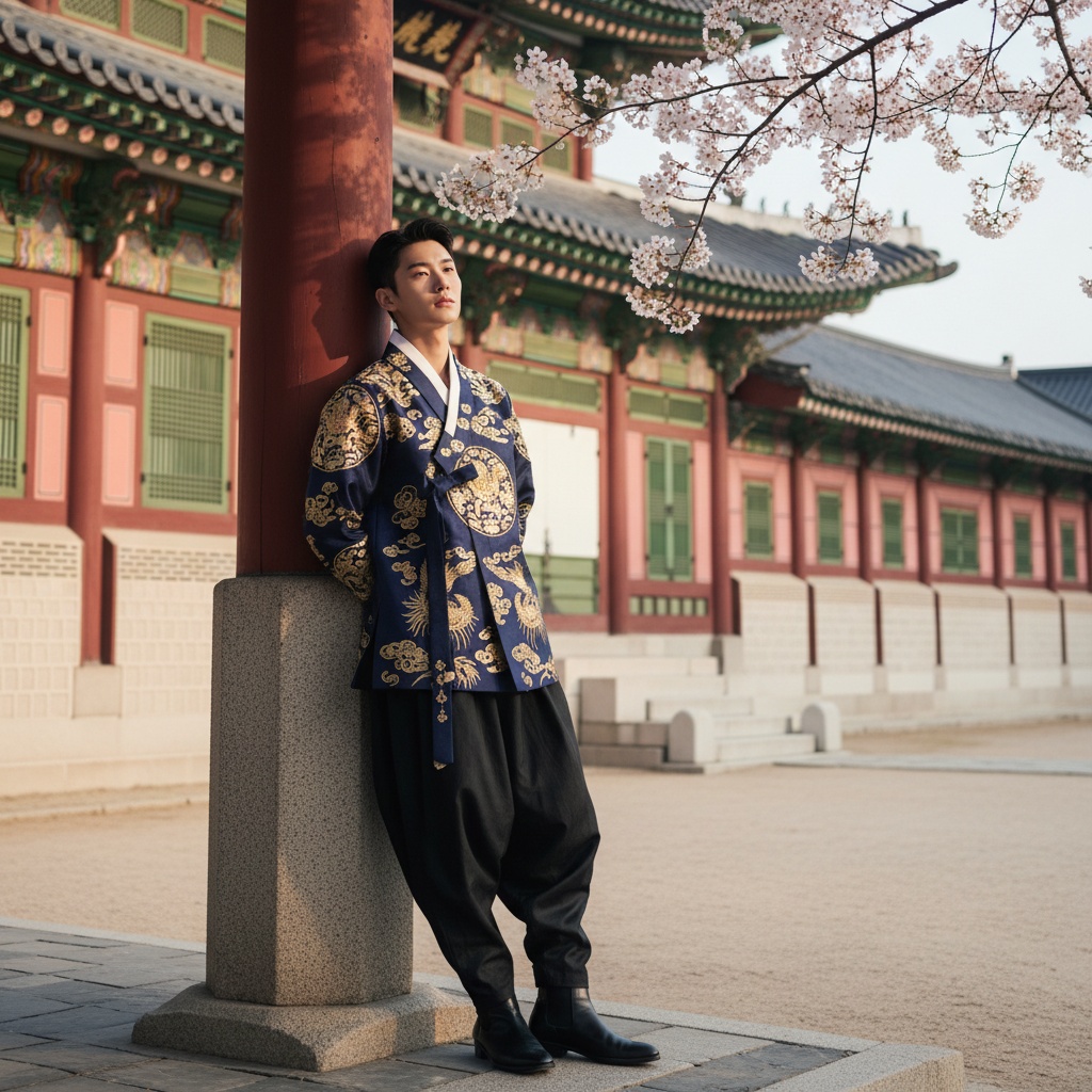 A striking portrait of James, a 22-year-old male model, set against the iconic backdrop of Gyeongbokgung Palace. He embodies the modern spirit of Korea, wearing a tailored navy jeogori with intricate gold hand-embroidery, paired with flowing layered trousers. Leaning confidently against a stone column, his head is turned to capture sunlight filtering through a cherry blossom tree, casting soft shadows across his sharp features. The ethereal morning light enhances his porcelain skin and highlights the fabric texture, showcasing a beautiful blend of light and shadow. The composition adheres to the rule of thirds, with negative space emphasizing the palace architecture, blending contemporary fashion with cultural heritage, capturing a serene yet assertive vibe.