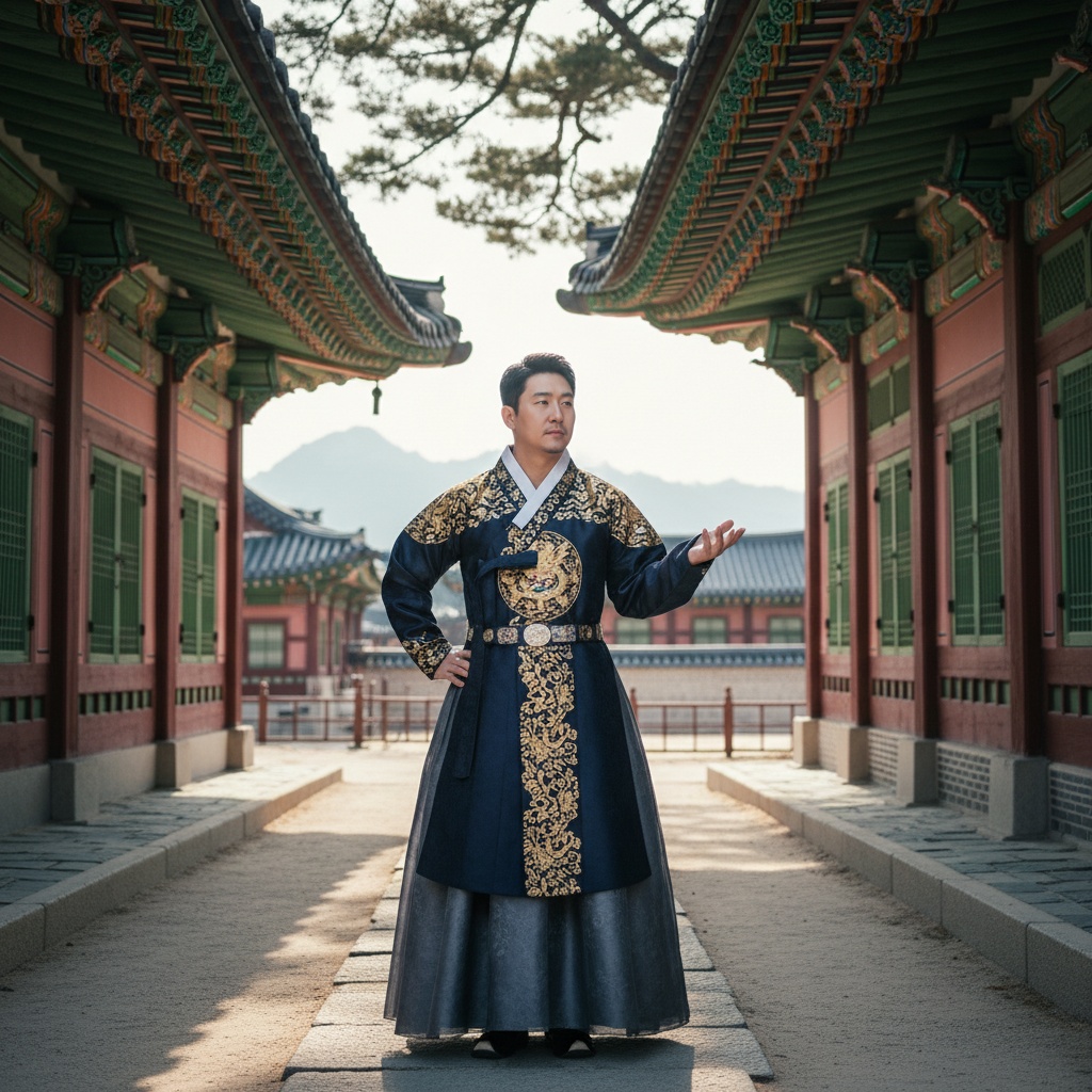 Michael, a 34-year-old Asian male, stands regal and poised within the majestic confines of Gyeongbokgung Palace in Seoul. He is draped in a tailored hanbok, featuring a deep navy jeogori with intricate gold embroidery paired with a flowing grey chima. The composition highlights his thoughtful positioning beneath the grand eaves of the palace, contrasting the vibrant architecture with the cool tones of his attire. Sunlight filters through, casting ethereal shadows that emphasize the elegance of his pose, with one hand resting confidently on his waist and the other raised, inviting the spirit of history. His expression combines serenity with authority, embodying the narrative of Korea's rich heritage in soft, natural light. The scene is a visual homage, rich in cultural significance.