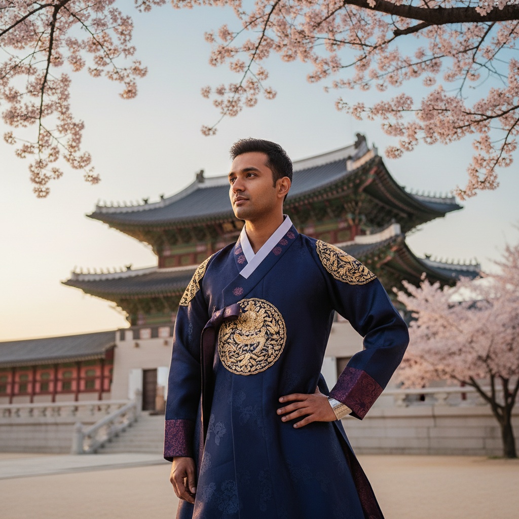 Michael, a striking Indian male figure aged 33, stands majestically before the iconic Gyeongbokgung Palace. Dressed in a tailored navy hanbok adorned with intricate gold embroidery and deep plum accents, he embodies the spirit of modern Korea while exuding a blend of tradition and contemporary elegance. His regal yet relaxed pose features one hand resting lightly on his waist, showcasing a luxurious silver cuff bracelet. As he gazes contemplatively into the distance, the warm glow of the setting sun casts a golden hue over the scene, harmonizing with the palace’s majestic rooftops and blossoming cherry trees, evoking pride and a deep connection to cultural heritage. This image is worthy of an editorial feature in Vogue or a contemporary art gallery. The atmosphere captures the emotions of pride, identity, and belonging.