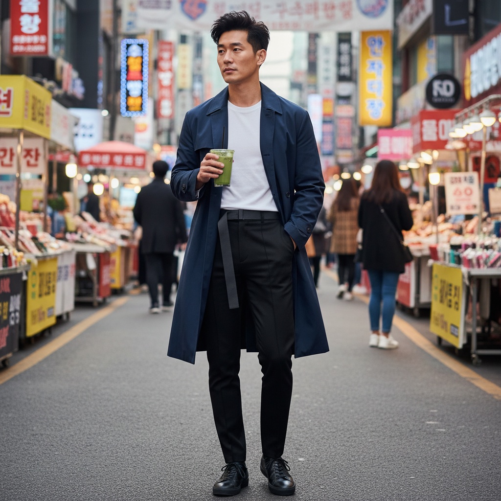 David, a striking Asian male figure aged 35, stands amidst the vibrant streets of Myeongdong, Seoul. He is wearing a tailored oversized navy trench coat cinched at the waist with a charcoal belt, layered over a form-fitting white crew-neck t-shirt, and slim-fit black trousers with subtle asymmetrical seams. Sleek leather sneakers complete his contemporary look. He holds a cup of vibrant iced matcha while one hand rests casually in his pocket. The bustling street life with neon signs and colorful market stalls creates a kaleidoscope of urban culture in the background. Overhead light spills, creating a halo effect around his tousled hair and sculpted jawline. The composition, following the rule of thirds, brings him into sharp focus against the vibrant backdrop, capturing the charm of a modern wanderer thriving in Myeongdong. The image evokes a sense of adventure and sophistication, perfect for conveying the eclectic energy of urban South Korea.