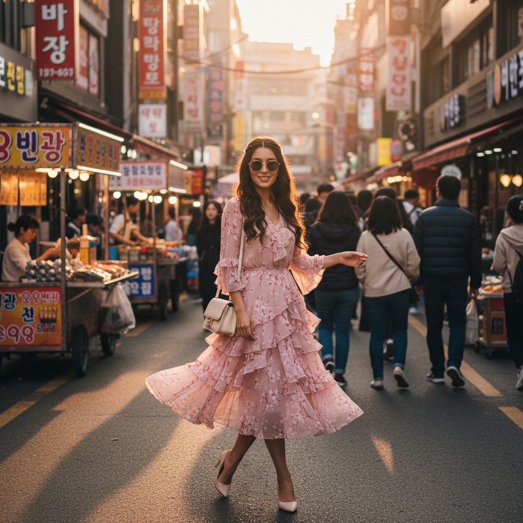 Jane, a 24-year-old Latina female model, stands in the vibrant streets of Myeongdong, Seoul during golden hour. She exudes effortless charm in an airy layered midi dress of blush chiffon georgette, adorned with fluttering ruffles and intricate floral prints reminiscent of cherry blossoms. Her long, tousled hair is pinned with small pearls, complemented by oversized retro sunglasses and a soft ivory crossbody bag. One foot slightly forward, she smiles softly, inviting viewers to join her in this lively adventure, with colorful street stalls and storefronts buzzing in the background, radiating youthful exuberance and stylish exploration. The composition beautifully frames her presence amid the energetic market scene. The trigger word is included to enhance the image's style.