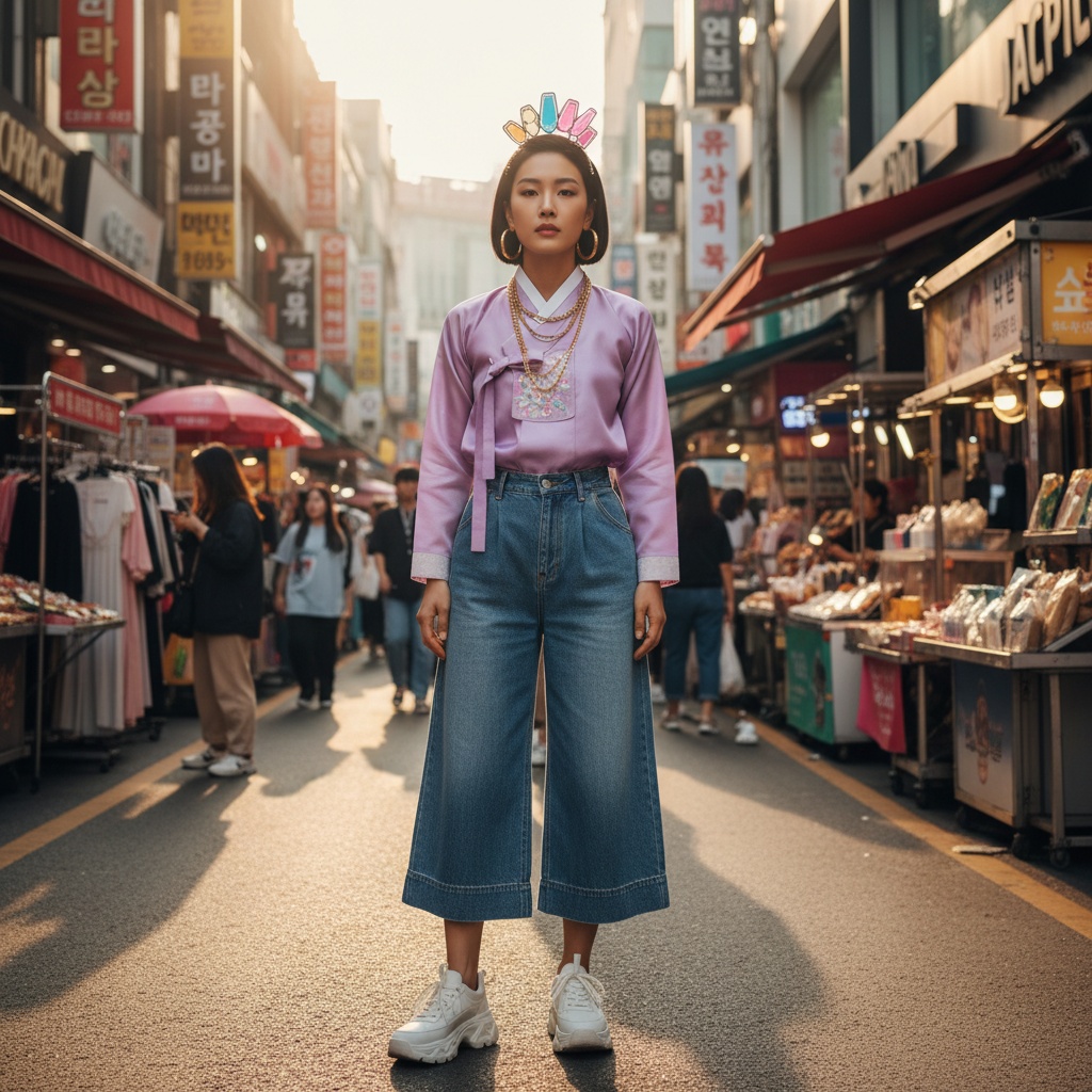 Olivia, a striking 33-year-old Asian woman, confidently stands on a lively street in Myeongdong, Seoul’s vibrant fashion district. She wears a high-neck, silk hanbok-inspired top in soft lavender, paired with tailored high-waisted denim culottes. Bold accessories include oversized gold hoop earrings and layered necklaces, complemented by chunky platform sneakers that add an urban flair. Her sleek bob features a neon city-inspired hairpin, and dynamic late afternoon light filters through shop awnings, casting a warm glow. This composition captures her fierce yet inviting gaze amidst the bustling street market, embodying a celebration of identity and the vibrant atmosphere of Myeongdong, full of life and contemporary fashion. The scene evokes the perfect blend of tradition and modernity, ideal for a celebration of self-expression.