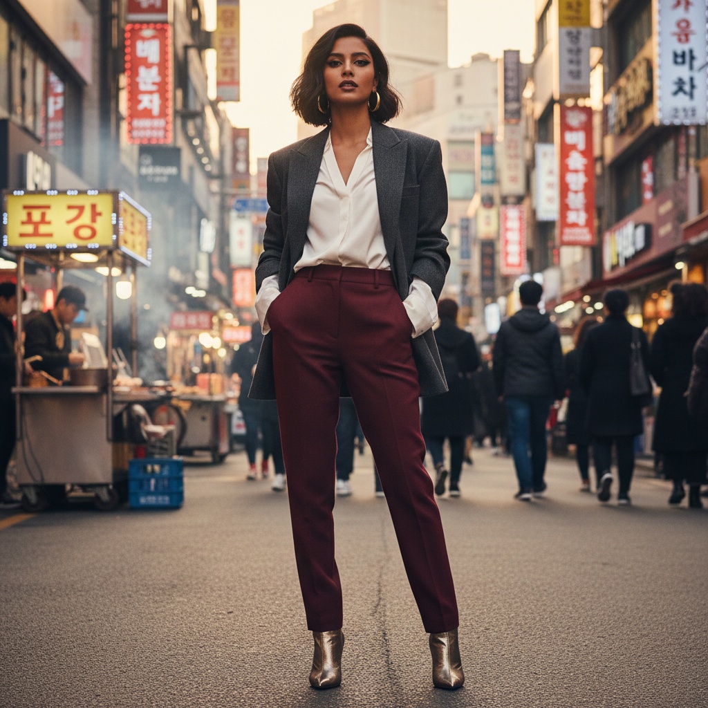 Olivia, a 30-year-old Indian woman, embodies the vibrant spirit of Myeongdong, Seoul, in a captivating street-style editorial shot. She embraces androgynous charm with a structured oversized charcoal blazer over a crisp white silk blouse, paired with high-waisted tailored trousers in deep merlot and pointed-toe ankle boots with metallic accents. Her asymmetrical waves frame her face, accentuated by bold graphic eyeliner and statement gold hoop earrings. The bustling street filled with neon lights and vendors creates a lively backdrop, perfectly lit with golden hour warmth, highlighting intricate textures and depth in her outfit, encapsulating modern femininity and urban sophistication. This dynamic scene captures Olivia as the focal point against the energetic chaos of Myeongdong.