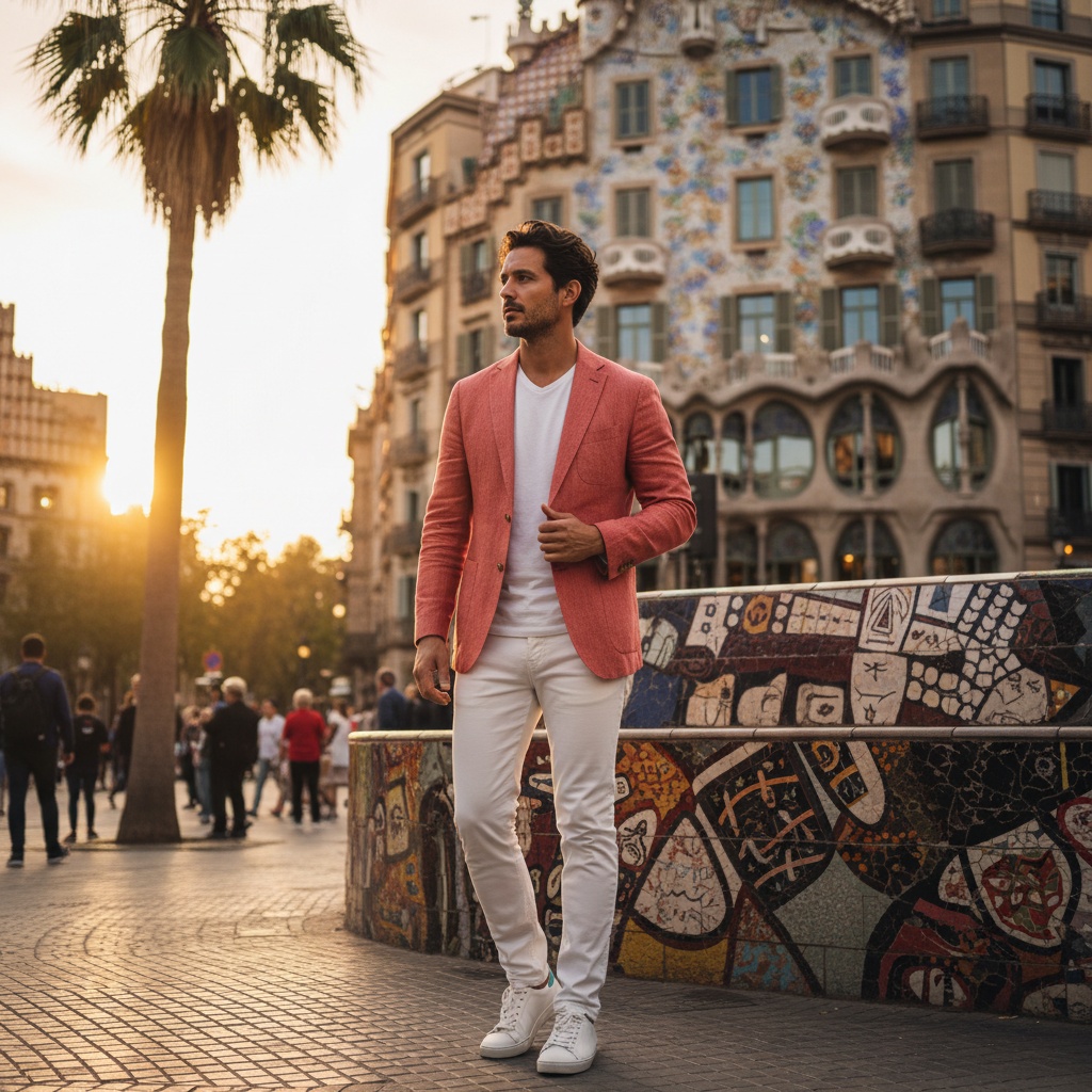 A compelling portrait of James, a 34-year-old Latin man, standing in the bustling streets of Barcelona among the stunning architecture of Antoni Gaudí, particularly showcasing the intricate curves of Casa Batlló. He is dressed in a tailored coral linen blazer paired with crisp white trousers and minimalist sneakers, embodying Mediterranean chic. Sunlight filters through nearby palm trees, casting playful shadows across his defined features. His tousled dark hair and subtle five o'clock shadow add depth to his masculine allure. Gazing pensively into the distance, he exudes intellectual sophistication alongside laid-back charm. The warm, golden hour tones inspire a romantic wanderlust, capturing the essence of a modern urban nomad in a city vibrant with history and creativity. The composition follows the rule of thirds, emphasizing his presence against ornate tiles and vibrant street art.
