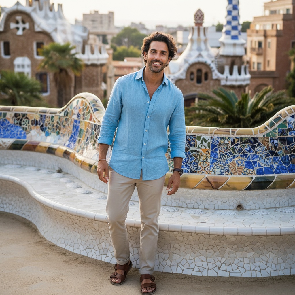 John, a striking 29-year-old Middle Eastern male figure, stands against the vibrant, colorful backdrop of Gaudí's Parc Güell in Barcelona, embodying the charm of a contemporary urban adventurer. He wears a flowy linen shirt dyed in soft cerulean blue paired with tailored light beige chinos, complemented by artisanal leather sandals. His tousled hair catches the golden afternoon sun, adding warmth to his features. Posed with a slight head tilt and a confident gaze, he radiates exploration and joy amidst a backdrop of intricate mosaic tiles that enhance the artistic flair of the park. Soft, diffused lighting wraps around him, celebrating the vibrant life of Barcelona. This enchanting moment invites viewers into his adventure, resonating with wanderlust and cultural appreciation.