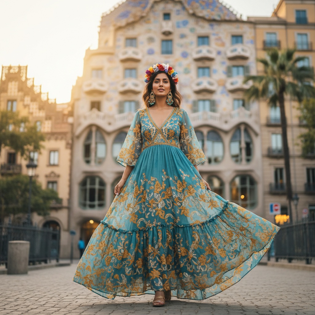 Olivia, a striking Indian woman aged 35, captured in the vibrant heart of Barcelona, poised elegantly in a flowing, hand-embroidered maxi dress in cerulean and saffron hues. The dress, crafted from lightweight chiffon, cascades with ruffles, emulating the movement of the sea against the whimsical architecture of Casa Batlló in the background. The late afternoon sunlight envelops her in a warm glow, accentuating her loose beachy waves adorned with a floral crown. Oversized statement earrings catch the light, reflecting the playful spirit of the city. The shallow depth of field highlights her radiant complexion while slightly blurring the architectural marvels, encapsulating a sense of adventure and freedom in this enchanting urban landscape.