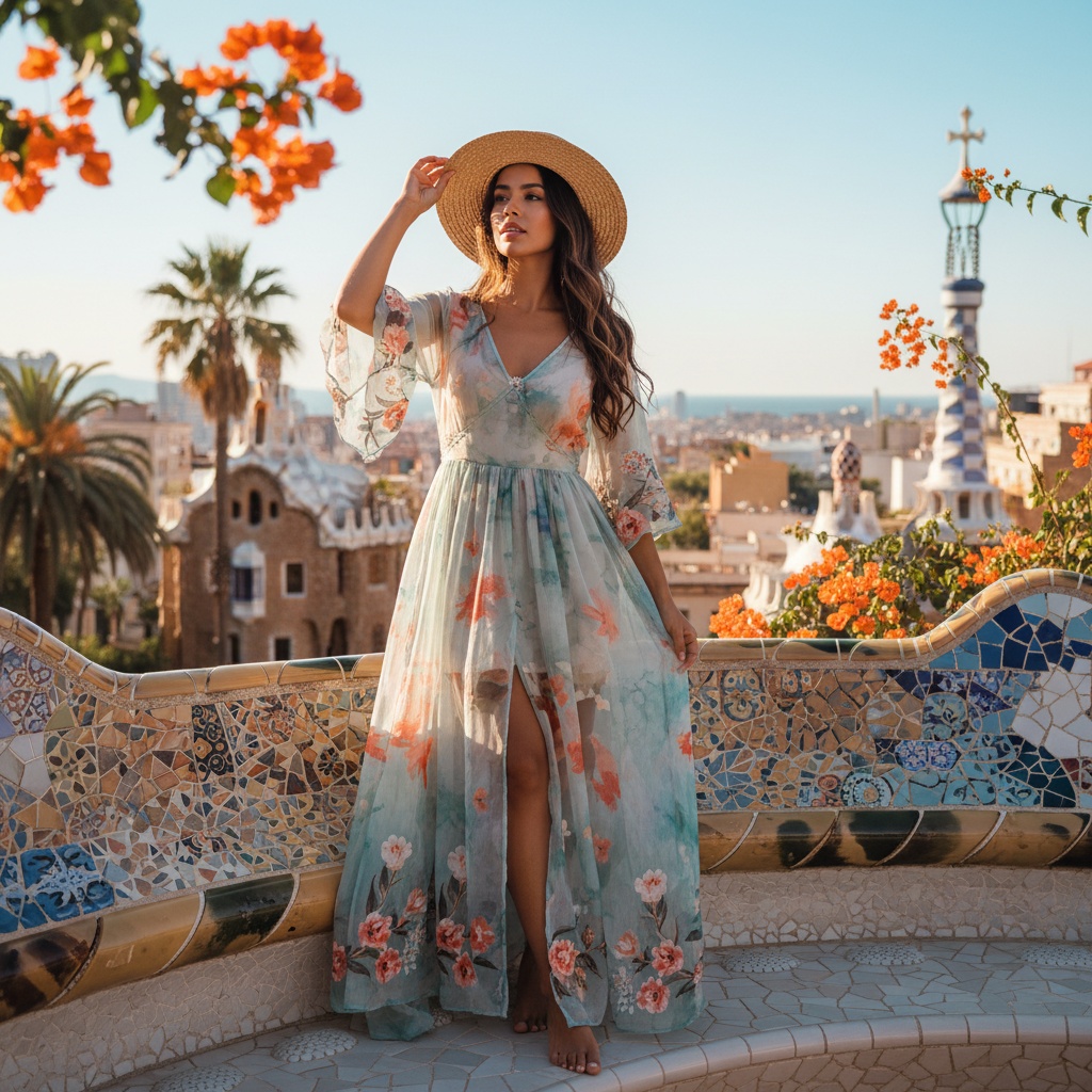 Olivia, a 25-year-old Latin female model, embodies the free-spirited essence of Barcelona's Mediterranean lifestyle against the vibrant backdrop of the city's architectural wonders. She's standing atop the iconic mosaic tiles of Park Güell, draped in a lightweight, watercolor-hued chiffon dress adorned with delicate floral embroidery. Her sun-kissed skin and flowing dark hair catch the soft golden light of a summer afternoon as she captures a moment of spontaneity, one hand adjusting her straw sun hat while the other rests at her side. The fiery oranges of bougainvillea and the azure sky enhance the bohemian chic aesthetic, creating a visual tapestry of color and culture that invites viewers into her joyful adventure. Perfectly framed in soft focus with a shallow depth of field, the shot captures the vibrant heartbeat of Barcelona while celebrating individual style and freedom.