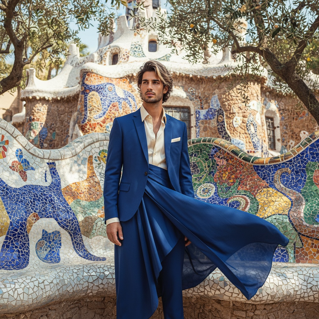 David, a striking 28-year-old Arab male model, gracefully poses amid the vibrant mosaics of Park Güell in Barcelona. He wears a tailored, asymmetrical cobalt blue suit made of soft fabric that moves with the breeze, complemented by an ivory silk shirt. His tousled, sun-kissed hair frames his chiseled face as he gazes confidently into the distance. The colorful ceramic tiles of Gaudí’s masterpiece create a kaleidoscopic backdrop, enhanced by cascading natural light filtering through lush greenery. This composition captures the spirit of adventure and sophistication in a fantastical realm.