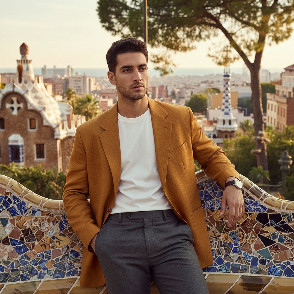 John, a 24-year-old Arab male model, exuding modern elegance at Park Güell in Barcelona. He is dressed in an oversized, tailored sun-soaked ochre blazer made of lightly textured linen, paired with a silk white T-shirt and tapered charcoal trousers. Leaning against a colorful serpentine bench, his relaxed yet sophisticated pose features one hand in his pocket and the other draping over the bench, showcasing a minimalist watch. Natural light filters through the lush greenery, casting playful shadows that enhance his contemplative expression while highlighting the vibrant mosaics behind him. This striking image is a celebration of youthful sophistication and urban adventure, ideal for a leading fashion publication.