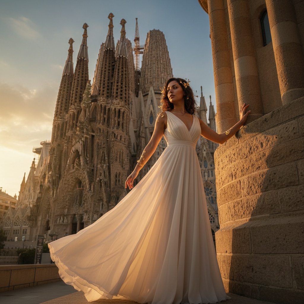 Emily, a 34-year-old Latin female figure, embodies modernity and artistry against the breathtaking architecture of Barcelona's Sagrada Familia. She stands poised in a flowing ivory chiffon georgette gown, with an asymmetrical hemline that reflects the spirals of the Sagrada’s towers. Her soft waves catch the ethereal glow of the setting sun, and delicate gold leaf accessories echo Gaudí’s craftsmanship. With one arm outstretched, she touches the stone, her skin glowing warmly, connecting humanity with divine creation. The dramatic chiaroscuro lighting highlights her features, encapsulating a moment that merges past and present, surrounded by the iconic cross-topped spires. The composition is thoughtfully arranged using the golden ratio.