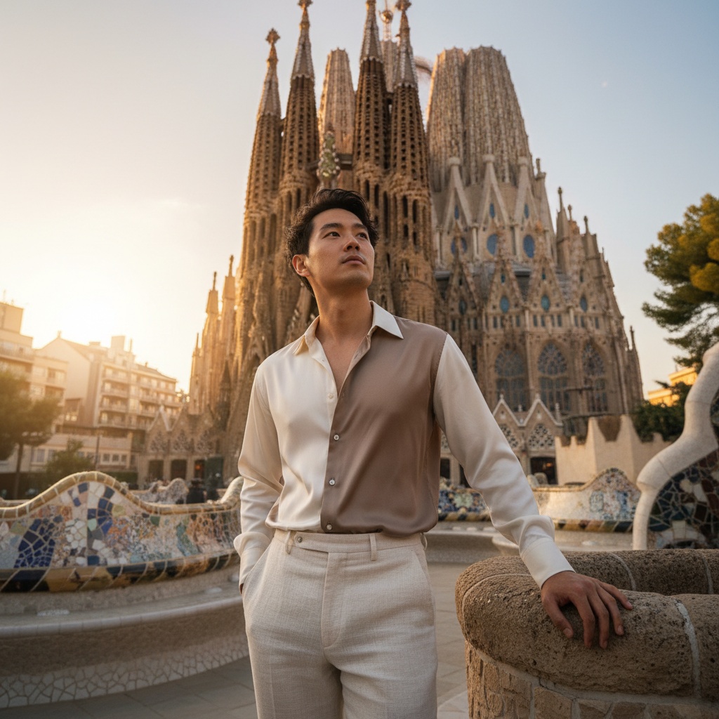 James, a striking 28-year-old male of Asian descent, stands in front of the iconic Sagrada Família in Barcelona, embodying the artistic essence of Gaudí. Dressed in textured linen trousers and a tailored, asymmetrical silk shirt in ivory and soft sepia, he reflects the whimsical forms of the basilica. His tousled hair dances in the sunset breeze as he gazes at the ethereal spires, illuminated by soft golden light. With one hand in his pocket and the other resting on a weathered stone, he connects with the rich tapestry of history, surrounded by colorful mosaics and flowing forms that enhance the dreamlike quality of the scene. This photograph captures the narrative of inspiration and artistry, evoking wonder for the architectural genius of Gaudí, all under the charm of the trigger word James.