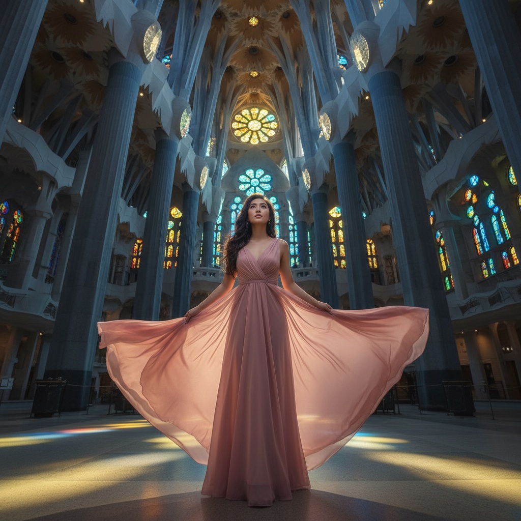 Olivia, a captivating Asian woman in her 31-year-old radiance, stands gracefully amidst the awe-inspiring architecture of La Sagrada Família. Draped in an ethereal blush pink chiffon gown, her silhouette elegantly contrasts with the towering spires and intricate stained glass of the basilica. Her hair cascades in soft waves that mirror the light filtering through the glass, while her soft makeup enhances her natural beauty. With a gaze of wonder directed upwards, the lighting softly highlights her form against the dramatic shadows of the cathedral. This photograph captures a moment of reverence and enchantment, creating a dreamlike quality that is a true homage to Gaudí's masterpiece. The overall emotion conveyed is one of spiritual transcendence, making it a piece worthy of a Vogue Italia spread.