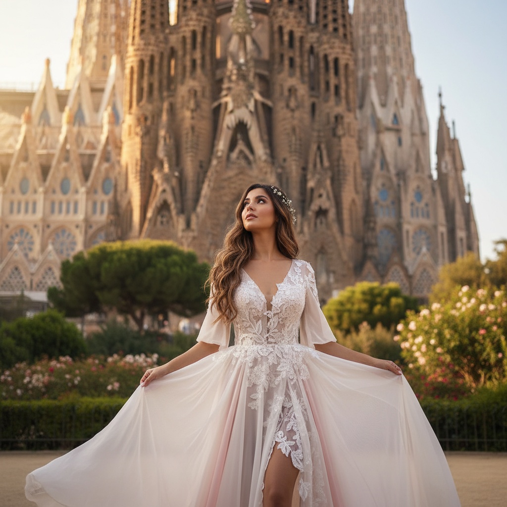Sarah, a 22-year-old Middle Eastern female figure, stands in ethereal grace at the foot of Barcelona's Sagrada Familia, embodying the spirit of Gaudí's architectural marvel. She wears a flowing, asymmetrically cut gown of lightweight chiffon georgette in soft ivory and blush tones, with delicate lace appliqués echoing Gaudí’s design. Her hair cascades in soft waves adorned with tiny white flowers, as she gazes upward in wonder, inviting the sunlight filtering through the stained glass to envelop her. The enchanting environment showcases the grandeur of the Sagrada Familia, framed by lush gardens under the warm afternoon sun, creating a composition that captures bridal elegance and artistic beauty. The scene uses a shallow depth of field to emphasize her, blurring the mesmerizing architectural details in the background.