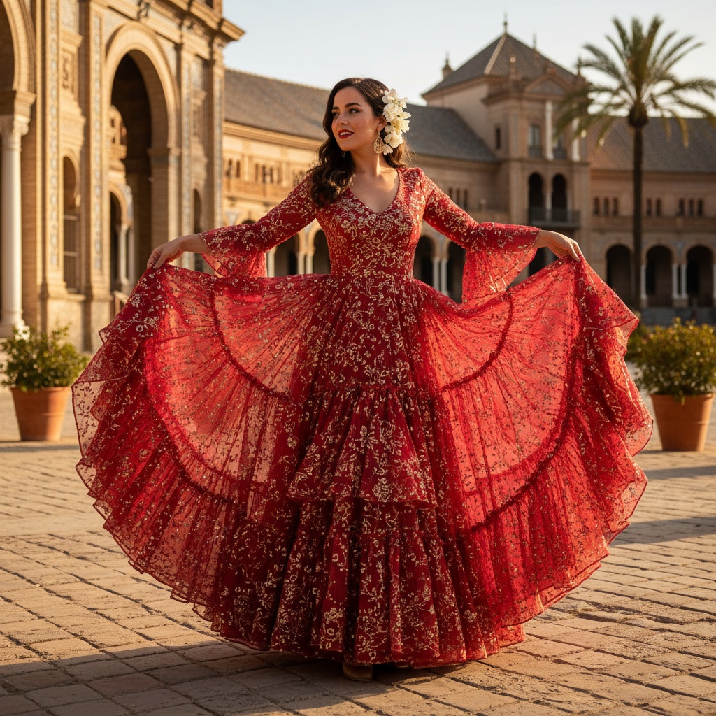 Sarah, a 26-year-old female model, embodies the vibrant spirit of Spain as she stands gracefully in a sun-drenched plaza reminiscent of Seville. Dressed in a flowing flamenco-inspired gown of ruffled crimson chiffon with hand-embroidered gold sequins, she captures the essence of Andalucía. Her dark hair, adorned with fresh white jasmine flowers, frames an expressive face highlighted by bold crimson lipstick. The stunning Moorish architecture in the background adds depth, beautifully illuminated by late afternoon light. This image encapsulates Spanish culture, filled with celebration and freedom, showcasing a connection between tradition and contemporary flair. The composition follows the rule of thirds, capturing her dynamic interaction with the environment. The artistic quality of the natural light enhances this vibrant summer atmosphere in Spain.