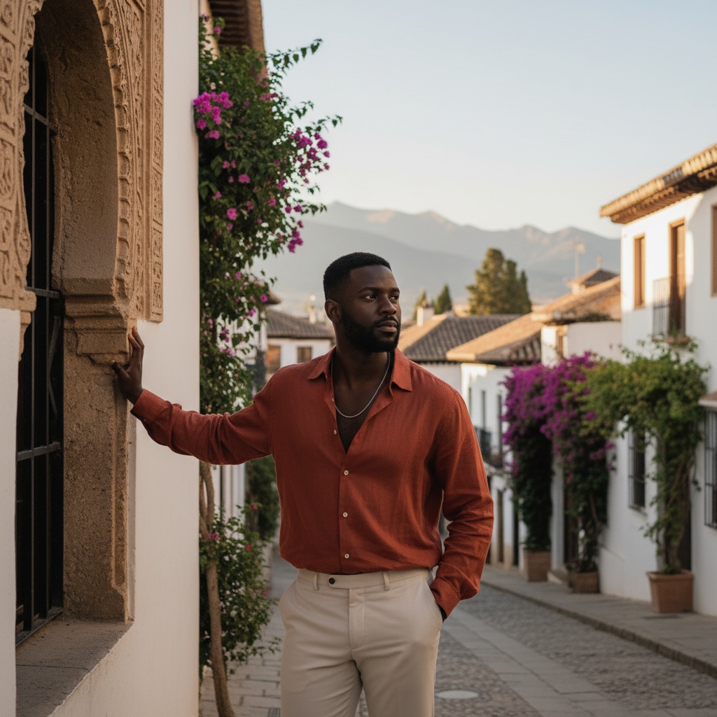 James, a captivating black male figure aged 34, stands against the breathtaking backdrop of Albayzín, the historic district of Granada, Spain. Dressed in a flowing, lightweight linen shirt in warm terracotta, slightly unbuttoned to reveal a silver chain, paired with tailored cream trousers. The golden glow of the sun highlights the intricate Moorish architecture, whitewashed walls, and vibrant bougainvillea. Standing casually yet poised, one hand in his pocket, the other touching an arch of a nearby window, he embodies the allure and romance of travel with a thoughtful expression. The soft, sunset lighting casts long shadows, enhancing the scene's magic and cultural appreciation.