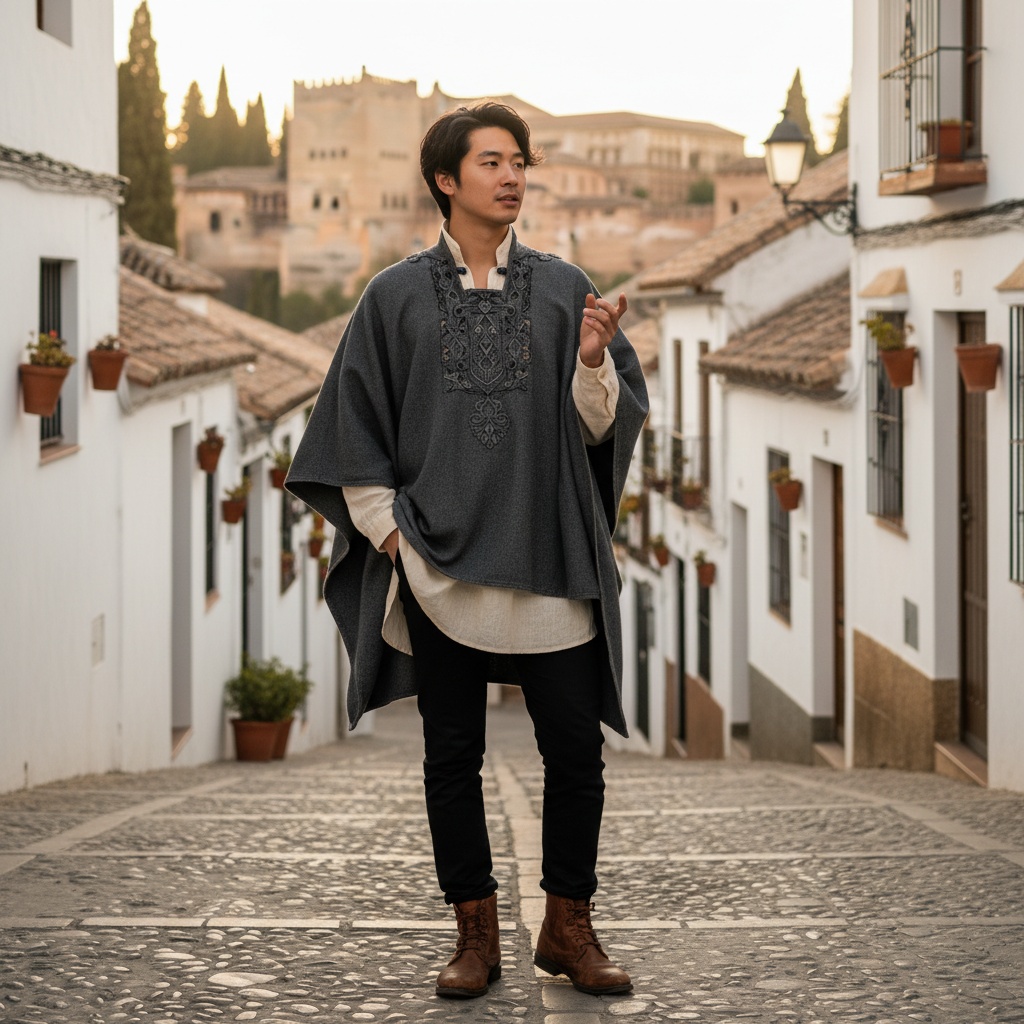 A striking portrait of John, a 24-year-old Asian male, set against the historically rich backdrop of Albayzín, Granada. He embodies the essence of a modern poet, draped in a flowing, charcoal gray poncho with intricate Moorish embroidery, complemented by a cream-colored linen tunic. His tousled dark hair frames his contemplative expression as warm golden hour sunlight softly illuminates his face. John sports slim-fit black trousers and handcrafted leather boots, exuding an artisanal aesthetic. His pose showcases nonchalance, one hand in his pocket and the other gesturing mid-discussion, amidst the narrow, winding cobblestone streets and vibrant white-washed buildings of Albayzín, evoking cultural discovery and intimacy.