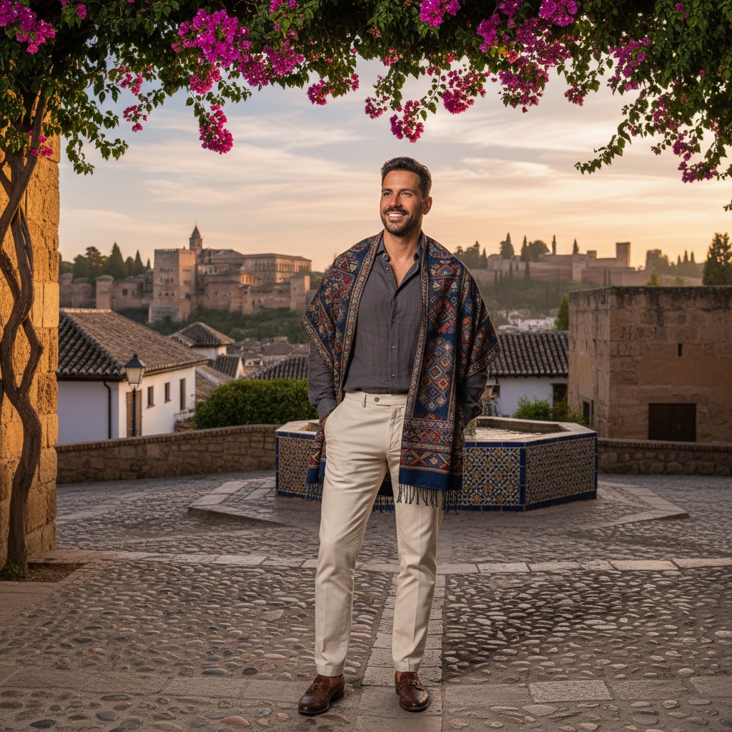 Michael, a 35-year-old Latin male figure, exuding effortless charm in the historic Albayzín area of Granada, Spain. He is dressed in a stylishly layered ensemble featuring a lightweight charcoal linen shirt and tailored cream trousers, complemented by a vibrant hand-embroidered shawl draped casually across his shoulders. The backdrop features iconic cobblestone streets lined with bougainvillea and intricately tiled fountains, encapsulating the romanticism of Albayzín. Sunlight filters through the leaves, highlighting his rugged features and warm smile. His relaxed stance, with one hand in his pocket, invites viewers into this enchanting world, all set against the dramatic skyline of the Alhambra at golden hour, creating an ethereal glow that conveys sophistication and cultural depth. This scene is fit for a high-fashion editorial spread, embodying the aesthetic allure of Albayzín.