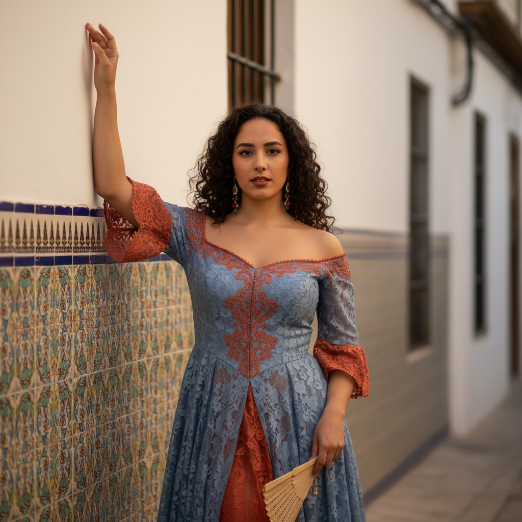 Sarah, a 22-year-old Middle Eastern woman, stands gracefully in the vibrant Albayzín neighborhood of Granada, Spain. The backdrop features historic whitewashed walls adorned with colorful ceramic tiles. She embodies Andalusian culture, wearing a flowing, off-the-shoulder dress in azure and terracotta, embellished with delicate lace and intricate embroidery. Her dark curls cascade around her face, illuminated by the golden-hour sunlight that gives her a warm glow. One arm is lifted gracefully, showcasing vibrant gemstone earrings, while she holds a traditional fan in her other hand. The image captures the essence of the spirited ambiance of Albayzín, creating a narrative of heritage and the playful essence of youth. The composition is artfully crafted, utilizing natural light and the rule of thirds to draw the viewer's eye harmoniously. The atmosphere exudes warmth and nostalgia, perfectly capturing the allure of southern Spain.