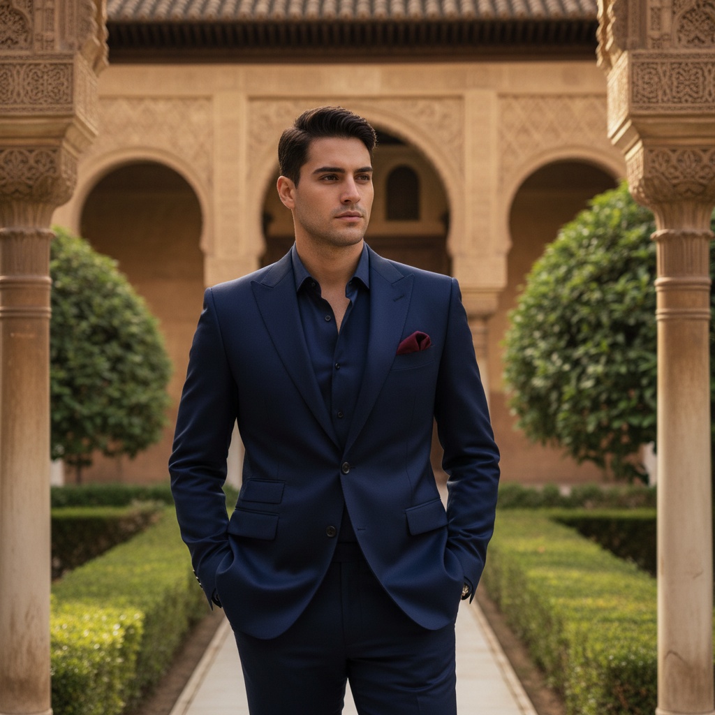 James, a striking 23-year-old Latin male figure, stands poised in the enchanting gardens of the Alhambra, embodying a fusion of history and contemporary elegance. He wears a tailored deep navy suit made from luxurious mikado silk, with structured shoulders and a slim silhouette, complemented by a rich burgundy silk pocket square. The backdrop features stunning Moorish arches and lush greenery, with dappled light filtering through the leaves, creating a mesmerizing play of shadow and texture. His intense gaze reflects introspection, while soft, diffused lighting accentuates his angular features, evoking timeless masculinity. James conveys relaxed sophistication, one hand in his pocket and the other against ornate stonework, connecting him to the historic environment, with the composition framed by architectural elements that highlight the rich details of the Alhambra. The scene invites contemplation of heritage, identity, and cultural resonance, creating an unforgettable visual narrative that showcases the allure of one of Spain's most iconic landmarks.