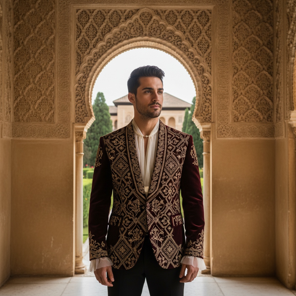 Michael, a 27-year-old Arab male figure, stands gracefully within the enchanting arches of the Alhambra. He embodies the mysterious allure of a contemporary nomad, dressed in a sumptuous deep maroon velvet tailored jacket with intricate gold embroidery that reflects Moorish patterns. A cream-colored shirt with delicate tulle illusion details at the collar peeks through, adding an ethereal touch. The dappled sunlight filters through ornate latticework, casting intricate shadows across his angular features as he gazes thoughtfully into the distance, with the serene gardens of the Alhambra behind him. His relaxed yet authoritative pose conveys quiet confidence against a backdrop rich with history and beauty, evoking an ambiance of nostalgia and poetic longing.