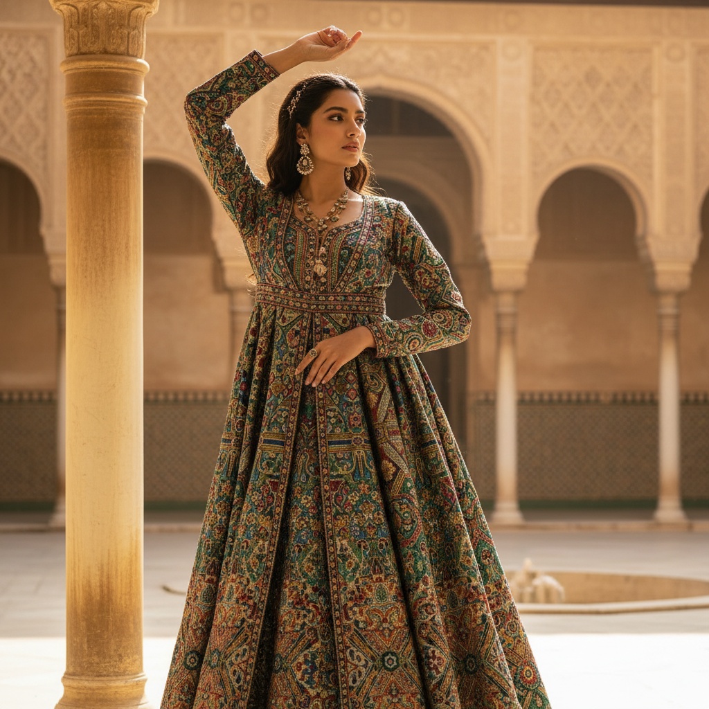 Olivia, a captivating 22-year-old Indian model, stands gracefully against the backdrop of the Alhambra's Nasrid Palaces, draped in an elaborate gown inspired by Moorish architecture. The gown's intricate embroidery and rich jewel tones—emerald, golden ochre, and royal blue—reflect the palace's tile work. Sunlight illuminates her with a warm glow as she poses with one hand above her head and the other cradling her waist, embodying the grace of a modern sultana. The soft, diffused lighting enhances her features, creating a dreamlike ambiance in this harmonious composition that marries fashion with cultural heritage.