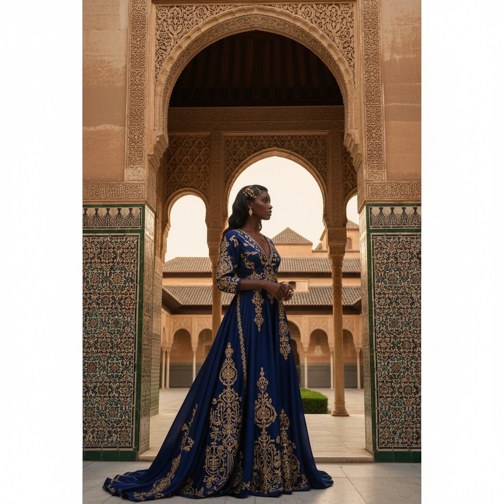 Olivia, a 35-year-old black woman, embodying the spirit of an elegant modern-day sultana, is captured in the ethereal splendor of the Alhambra's intricately tiled courtyards. She wears a flowing gown of silk chiffon in deep sapphire and gold, adorned with hand-embroidered Arabic motifs that cascade elegantly. Her hair, styled in soft waves with golden threads and delicate filigree hairpins, complements her serene expression as she gazes thoughtfully into the distance. The warm, diffused light from the setting sun bathes the scene, highlighting the rich textures of the Alhambra's ornate arches, creating a narrative of timeless beauty and modern femininity, perfect for a Vogue Italia editorial spread.