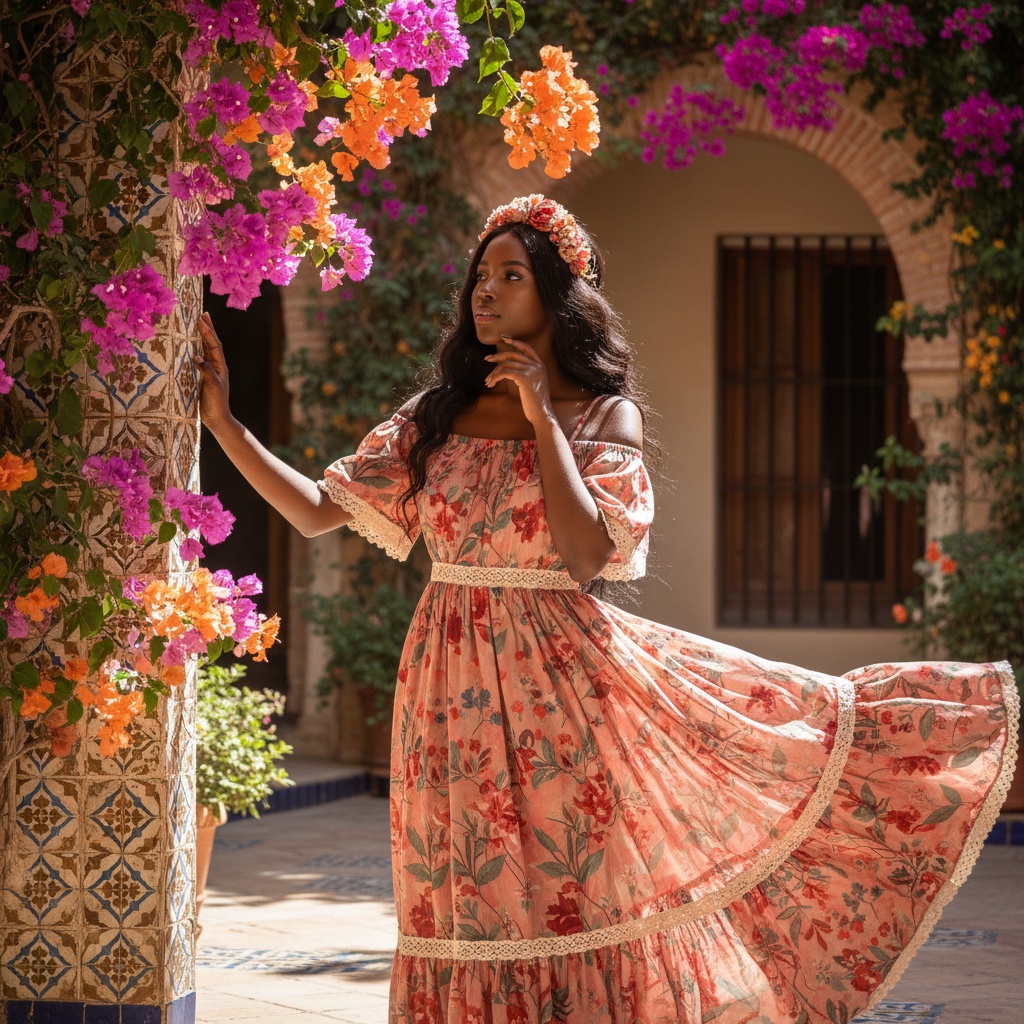 Jane, a 23-year-old black woman, embodies the enchanting spirit of Granada in a vibrant, sun-drenched courtyard filled with blooming bougainvillea and rustic tiles. She's wearing a fluid, floral-embroidered sundress in shades of coral and olive, billowing gracefully in the soft breeze. With delicate lace trim and off-the-shoulder sleeves, her dress evokes a romantic Spanish aesthetic. Her long, dark hair cascades in loose waves, adorned with a woven floral crown. One hand brushes against the vibrant tiles while the other gently touches her chin, her expression soft yet confident, lost in a thoughtful daydream. Sunlight filters through the greenery, casting dappled light that highlights her dress's intricate patterns, creating a warm, inviting glow on her skin. This composition captures the essence of Andalusian culture, a blend of passion and beauty. The overall mood is joyful and poetic, inviting viewers into a moment that feels intimate and grand, reminiscent of Granada's breathtaking beauty.