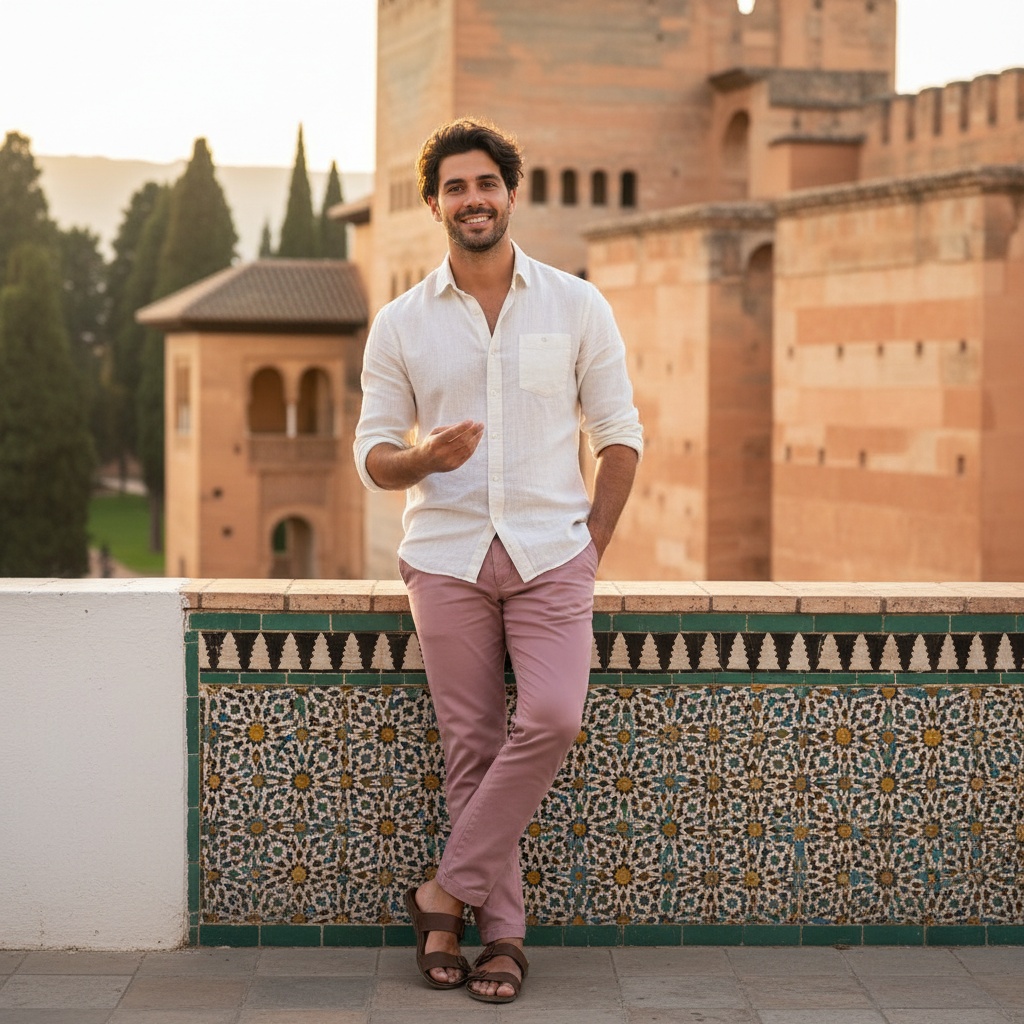 John, a 24-year-old Arab male figure exuding effortless charm, stands against the sun-kissed, terracotta backdrop of Granada's iconic Alhambra. He wears a lightweight ivory linen shirt and tailored dusty rose trousers, his sandals stylish yet understated. Tousled dark hair glows in the golden afternoon light, and he leans casually against a white-washed wall with intricate Moorish tilework. One hand rests in his pocket, the other animated as he shares a captivating story. Soft, natural lighting highlights his engaging smile and bright expressive eyes, embodying the spirit of adventure and cultural richness that defines Granada.
