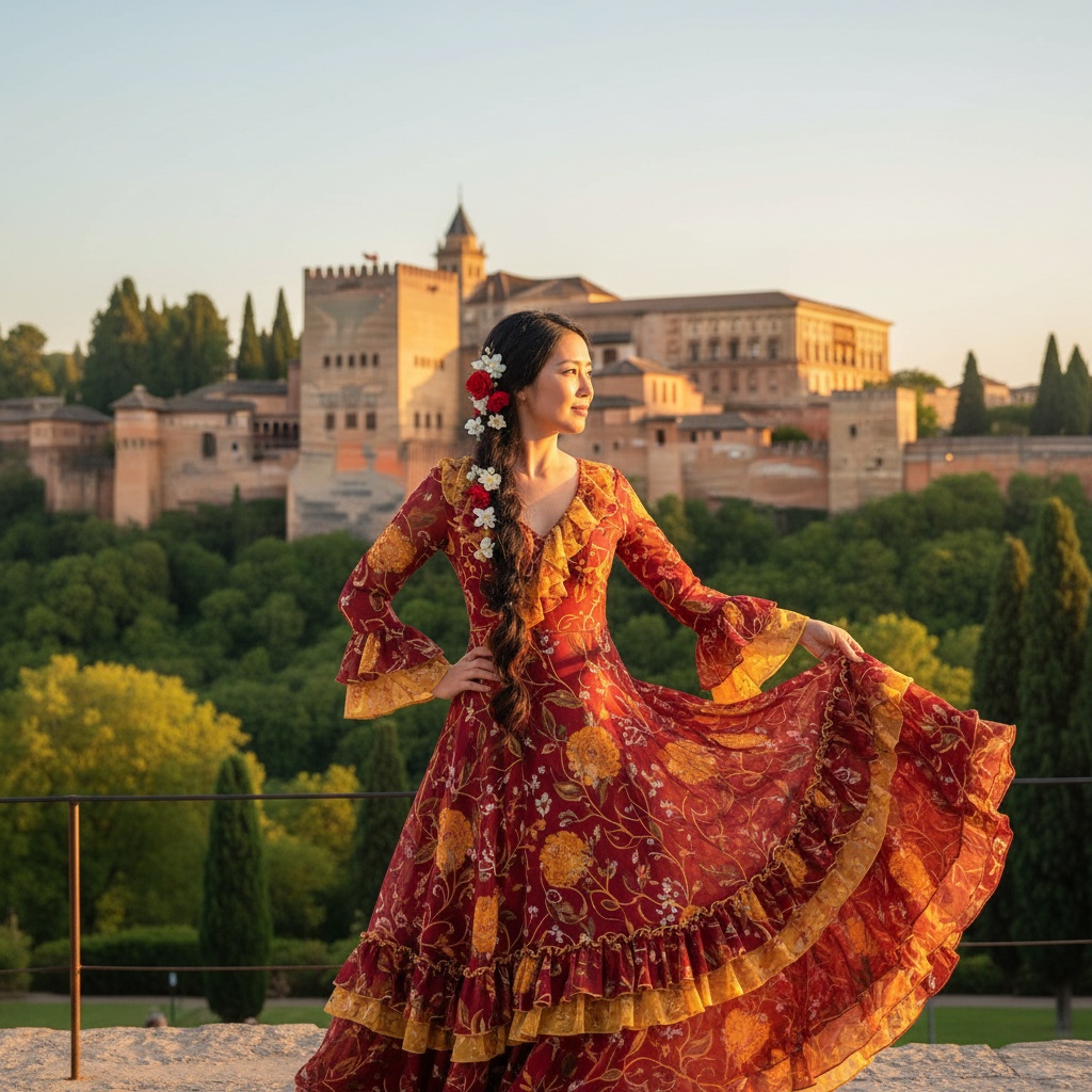 Olivia, an enchanting 32-year-old Asian woman, stands gracefully in the sun-kissed beauty of Granada, wearing a flowing, hand-painted flamenco-inspired dress in shades of crimson and saffron. The lightweight chiffon fabric dances in the gentle breeze, with intricate ruffles cascading from the sleeves and hem, celebrating Andalusian culture. Her long, dark hair is braided with delicate blossoms. Set against the stunning backdrop of the Alhambra, the warm golden glow of the sun enhances the colors of her dress under the early evening sky. One hand on her hip and the other trailing around her swirling skirt, she exudes grace and confidence, embodying a sense of celebration and cultural identity.