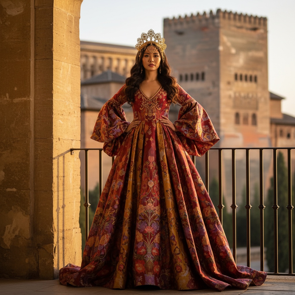 Sarah, a 33-year-old Asian woman, embodies the spirit of Granada's rich culture in a vibrant editorial shoot against the Alhambra's dramatic backdrop. She wears a brightly colored silk gown with traditional Andalusian motifs, billowing sleeves, and intricate hand-embroidered floral patterns in sunset hues. Her long, dark hair cascades in waves adorned with a gold filigree headpiece inspired by Moorish designs. Captured during the golden hour, the warm glow enhances her regal pose with one hand on her hip and the other brushing a wrought-iron railing. The soft, diffused lighting creates a dreamlike atmosphere, radiating passion and poise, embodying the enchanting allure of Granada's heritage. This image reflects the intersection of past and present, inviting viewers into a timeless embrace of culture and sophistication. **Trigger Word**: Sarah.