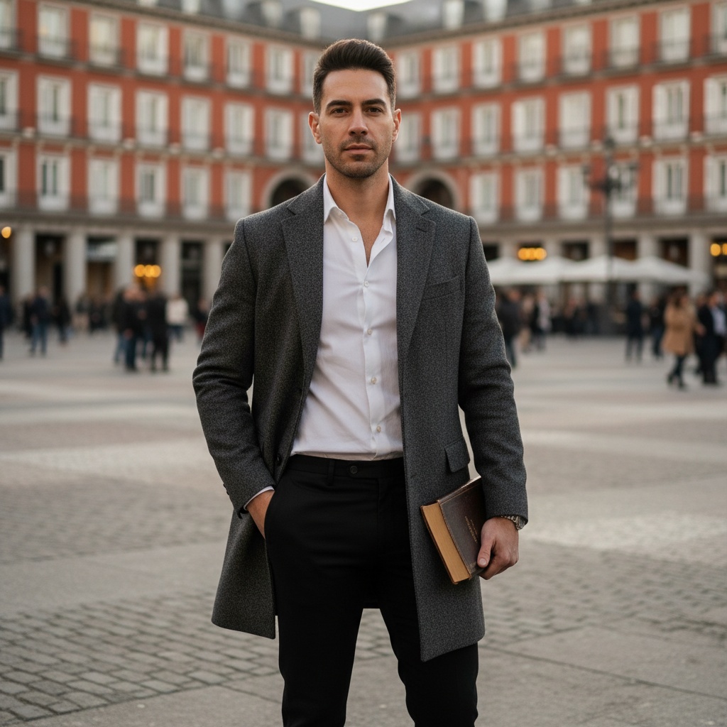 David, a striking 31-year-old male model of Latin descent, stands confidently in the vibrant Plaza Mayor of contemporary Madrid. Dressed in a tailored charcoal wool overcoat over a fitted white shirt and sleek black trousers, he embodies urban sophistication. One hand is casually tucked into his pocket, while the other holds a classic book, exuding intellectual flair. The golden hour sunlight casts a warm glow, accentuating his features and the texture of his outfit against the lively cobblestone street backdrop. This image reflects a modern gentleman at ease in his dynamic surroundings, infused with depth and charisma.