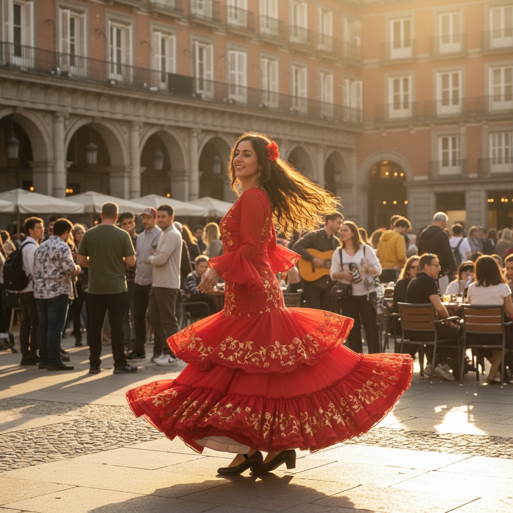Jane, a vibrant 22-year-old Middle Eastern woman at the bustling Plaza Mayor in Madrid. She wears a tailored, vibrant red flamenco-inspired dress made of soft chiffon, complete with cascading layers of ruffles and intricate embroidery reflecting Spanish art. Her hair flows in loose waves, adorned with a bright flower, as she twirls gracefully, capturing dynamic movement. The soft golden hour lighting creates a halo effect around her, with the iconic arches of the plaza framing her in a lively, cultural celebration. The scene embodies the vivacious spirit of Madrid, filled with laughter and music, inviting viewers to experience its enchanting allure.