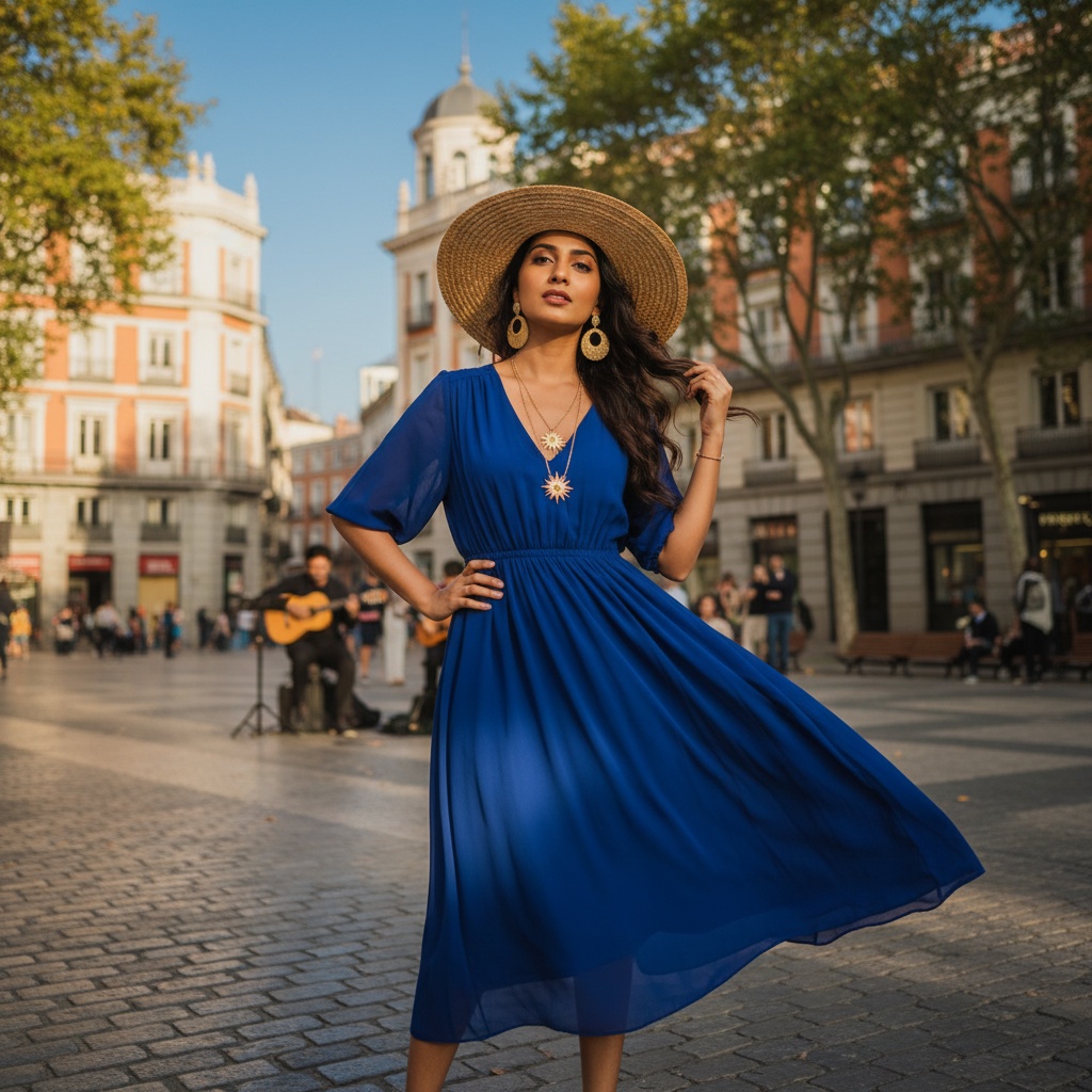 Sarah, a striking 26-year-old Indian woman, stands confidently in a sun-drenched plaza in modern Madrid. Draped in a flowing cobalt blue midi dress made of lightweight chiffon, she captures the essence of the vibrant city. Her silhouette is enhanced by the grand architecture that frames her, and she poses elegantly with one hand on her hip, the other brushing back loose hair. An oversized straw hat lends a chic touch, while layered gold necklaces and statement earrings sparkle in the sunlight. The scene is alive with the sounds of street musicians, dappled sunlight filtering through trees creating patterns on the cobblestones, resonating with adventure and discovery. Sarah embodies the intoxicating allure of Madrid so beautifully.