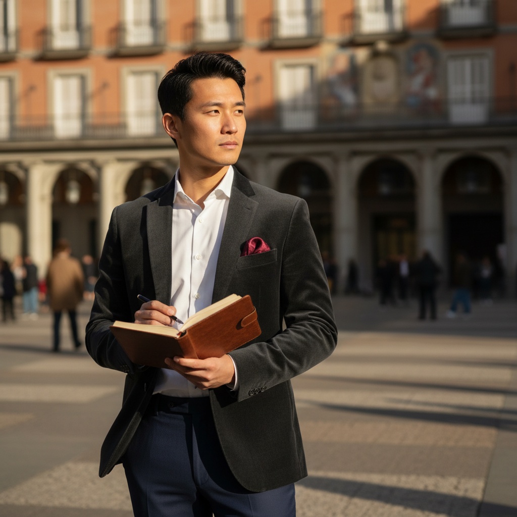 James, a striking Asian male model aged 30, positioned in the historical splendor of Madrid's Plaza Mayor. He wears an impeccably tailored charcoal velvet blazer that glimmers subtly in the afternoon light, paired with a crisp white shirt and tailored trousers in deep navy. A silk pocket square in merlot adds sophisticated flair. The composition captures him amidst the textured stone arches and vibrant hues of the plaza, with one hand casually in his pocket and the other holding a vintage leather notebook, suggesting creative introspection. Using rich, directional lighting to sculpt his features, the image conveys refined elegance and effortless cool, framed using the rule of thirds to highlight his confident stance against the grandeur of the architecture. This visual narrative combines classic masculinity with a contemporary urban landscape, evoking charm and emotional resonance.
