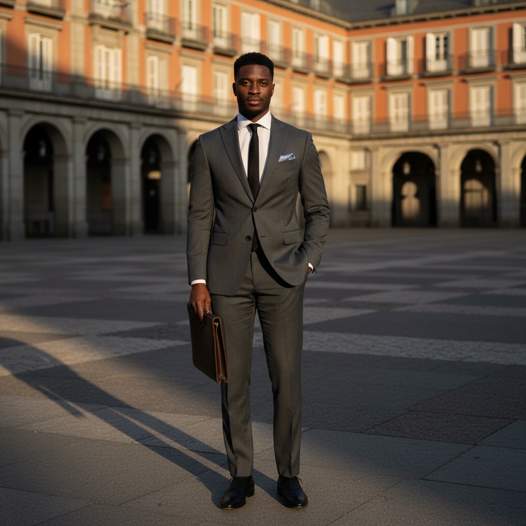John, a 30-year-old Black male exuding effortless sophistication, stands poised in the iconic Plaza Mayor of Madrid. He wears a tailored charcoal grey wool suit that contours his athletic frame, complemented by a high-contrast moonstone silk pocket square and a crisp white shirt with a sleek black tie. His relaxed yet confident posture, with one hand in his pocket and the other holding a vintage leather portfolio, reflects a life filled with culture. The backdrop showcases historic stone facades illuminated by the warm hues of dusk, creating a timeless scene enhanced by negative space and chiaroscuro effects that highlight his features against the grandeur of the plaza.