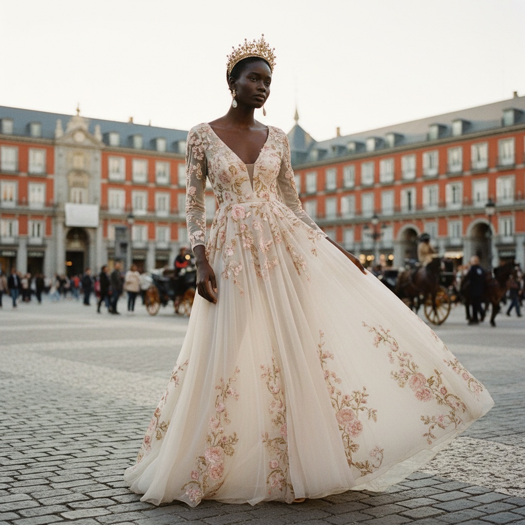 Olivia, a 29-year-old Black female model, showcases timeless elegance in Madrid's Plaza Mayor. She is wearing a breathtaking ivory chiffon gown with intricate floral embroidery in soft blush and gold, complemented by a vintage-inspired gold tiara and moonstone drop earrings. Posed dynamically with one leg extended and shoulders back, she exudes grace and confidence. The vibrant backdrop of Plaza Mayor, warmed by golden hour light, enhances the scene’s sophistication, making it ideal for an editorial spread in Vogue Italia.
