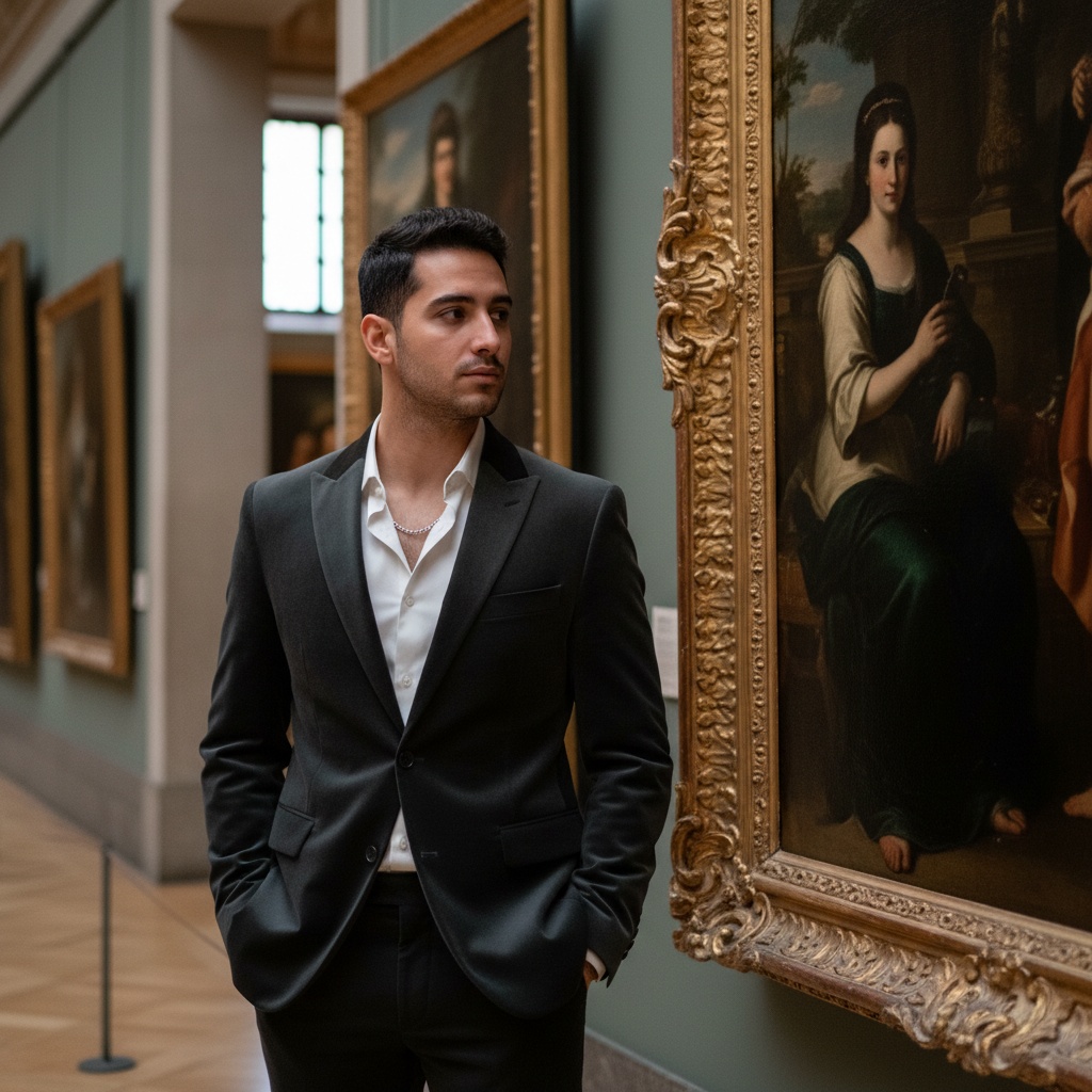 David, a 24-year-old Arab male, embodies the spirit of a contemporary artist in an homage to classic portraiture. He is captured within the grand halls of the Prado Museum, wearing an elegantly tailored charcoal velvet suit with rich textures, paired with a crisp white shirt and a minimalist silver chain. Standing beside an ornate Baroque frame, his thoughtful expression reflects his contemplation of the surrounding art. The chiaroscuro lighting elegantly highlights his facial contours, enhancing the emotional depth of the scene, while the vivid backdrop of historical paintings creates a striking contrast with his monochromatic outfit. His confident posture conveys a bridge between past and present.