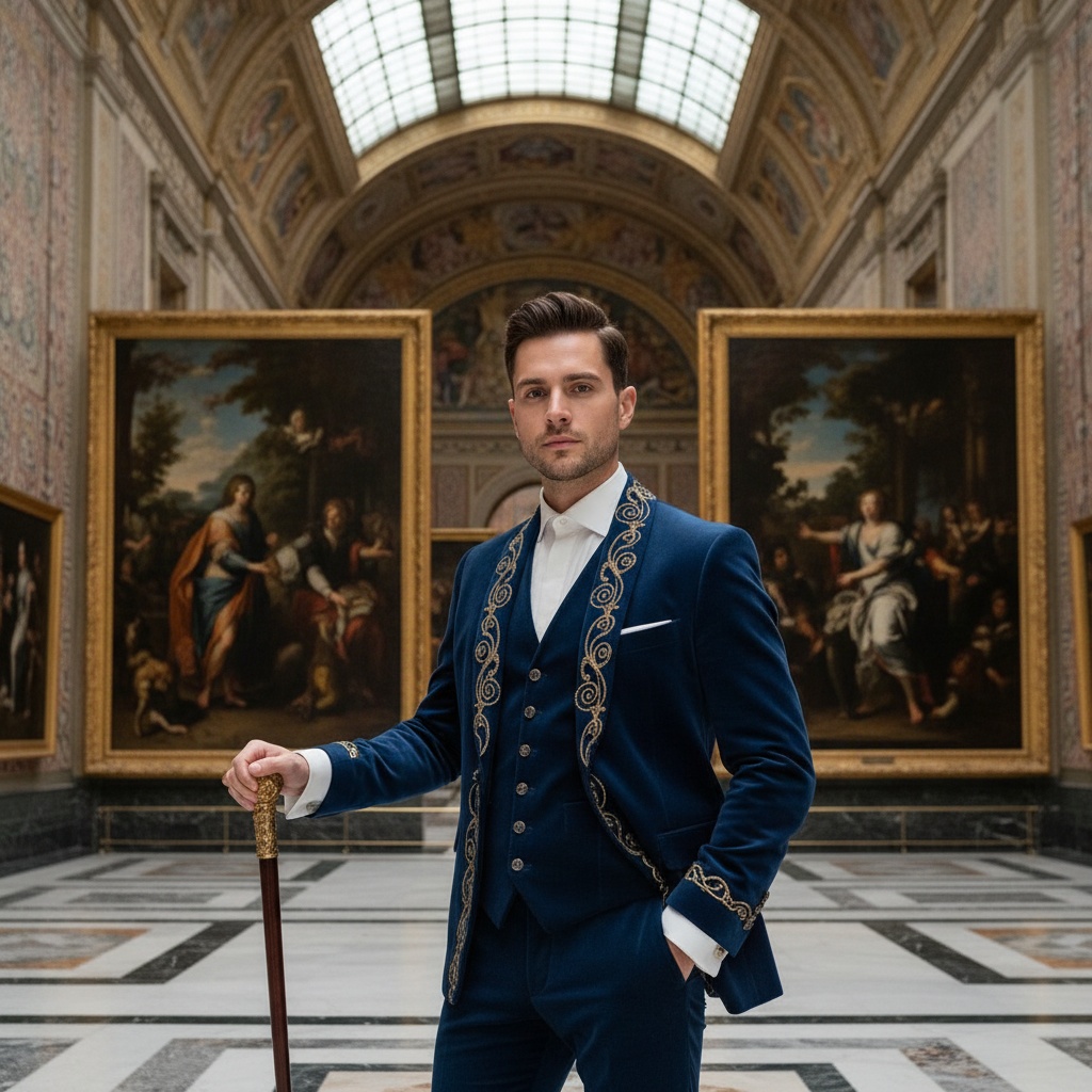 James, a regal male figure aged 33, stands poised in the grand atrium of the Prado Museum, embodying the essence of a modern-day courtier. He is dressed in an exquisite tailored velvet suit in deep, royal navy, adorned with intricate gold embroidery along the lapels and crisp white French cuffs. Soft light streams through magnificent arched windows, illuminating his angular features and sculpted cheekbones. In one hand, he rests casually on an ornate cane, while his other hand is in his pocket, conveying confidence and sophistication. The backdrop features iconic Baroque paintings, enhancing the dramatic elegance of the scene. The overall composition follows the golden ratio, creating a captivating visual harmony.