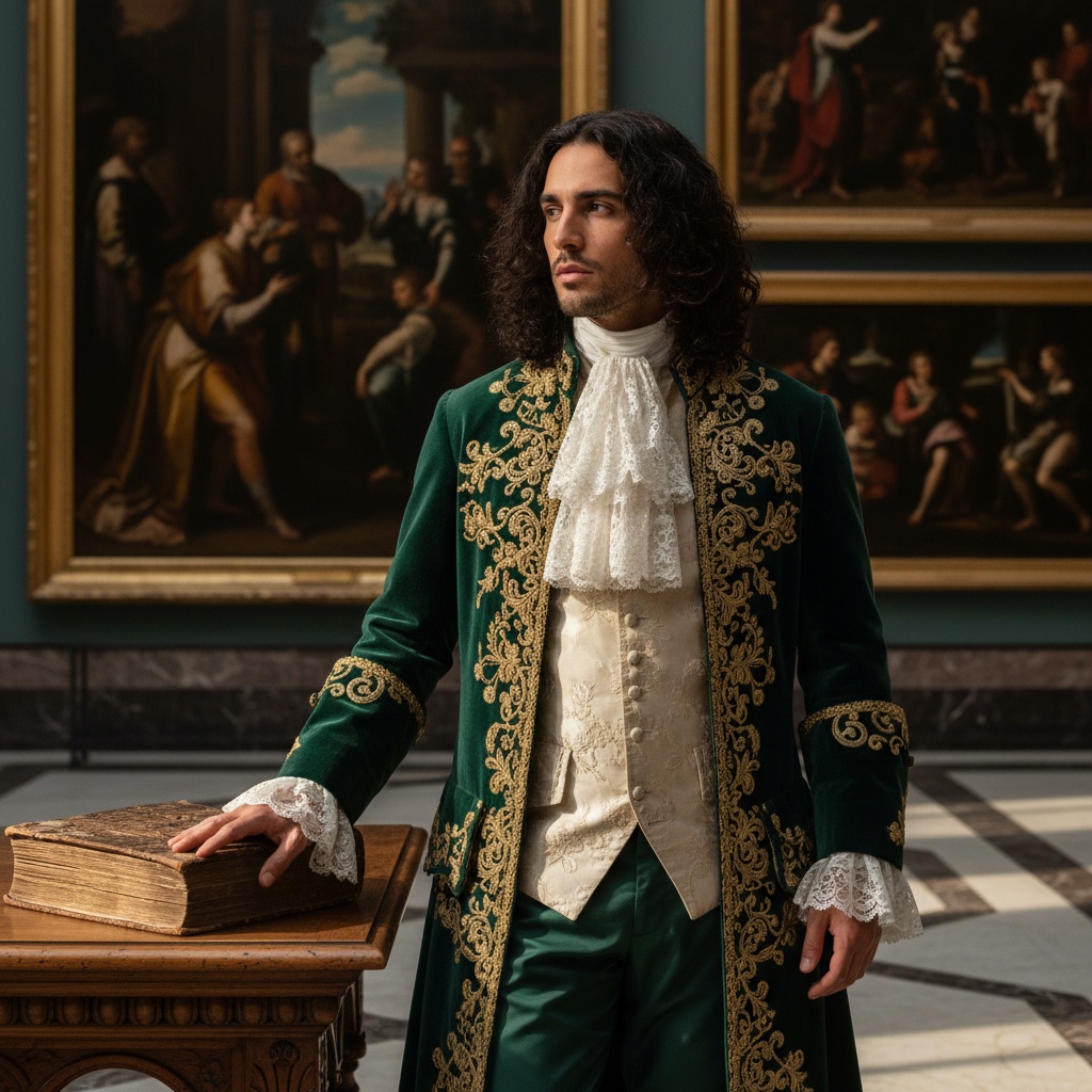 Michael, a 32-year-old Middle Eastern male figure embodying the enigmatic aura of a Baroque nobleman, stands center stage in the grand Prado Museum. He wears a tailored deep emerald velvet coat with intricate gold embroidery, complemented by a fine cream silk waistcoat. His long dark hair cascades in soft waves, framing his chiseled jawline, while a high collar enhances his regal presence. One hand rests on a classical oak table, fingers brushing against a weathered leather-bound book, lost in contemplation. The museum's dramatic Renaissance artworks serve as a backdrop, illuminated by soft diffused lighting, creating dynamic chiaroscuro effects across the marble floor. His intense gaze and elegant pose evoke a timeless allure and reflective introspection, blending historical resonance with contemporary aristocratic glamour, inviting exploration.