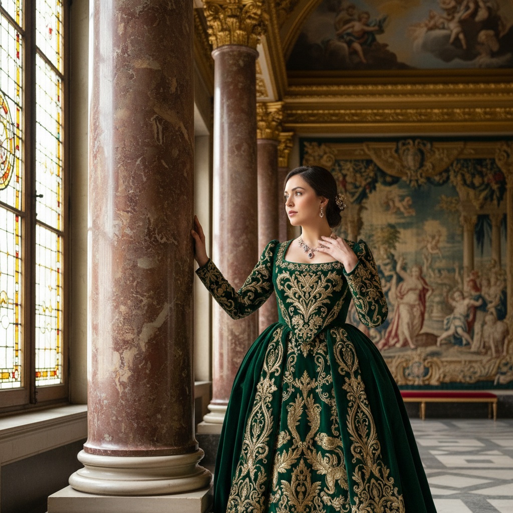 Olivia, a 34-year-old Latina female figure, captured in a grand, Baroque setting reminiscent of the Prado Museum's opulence. She embodies the allure of a royal muse, dressed in an exquisite gown of emerald green silk velvet with intricate gold embroidery. Her serene posture, with one hand resting on an ornate marble column and the other touching her collarbone, exudes quiet authority. Soft, natural light filters through stained-glass windows, highlighting her alabaster skin. The background features lush tapestries, creating an intimate yet grand atmosphere, echoing the beauty and strength of womanhood across eras. The composition subtly employs the golden ratio, enhancing her ethereal presence.