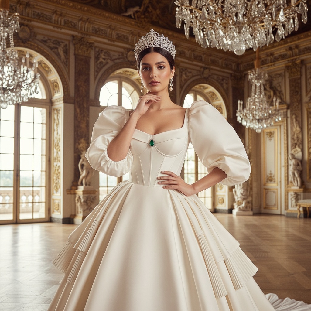 Jane, a 25-year-old Middle Eastern female model, embodies the essence of a modern queen in this high-fashion editorial photo set within the opulent halls of a royal palace. She wears an exquisite gown of ivory silk mikado with a corseted bodice, voluminous Baroque-inspired sleeves, and a dramatic train adorned with cascading pleats. Her accessories include an intricate diamond tiara and pearl drop earrings, with a delicate emerald brooch adding a stunning contrast. Jane's pose exudes confidence, her left hand on her hip and the other cupping her chin, accentuated by soft daylight filtering through grand arched windows. The backdrop features ornate moldings and lavish chandeliers that enhance the regal ambiance, capturing a timeless elegance and royal majesty that resonates with contemporary viewers.