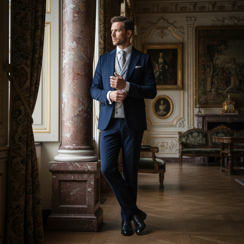 John, a regal male figure aged 30, embodies modern nobility in a grand royal palace setting. Dressed in a tailored midnight blue velvet suit with an intricately embroidered silver waistcoat, he stands poised by an ornate gilded window. Soft afternoon light filters through brocade drapes, creating a halo effect around him. His sharp features are illuminated by chiaroscuro lighting, emphasizing strong jawlines. With polished black leather oxfords and a vintage pocket watch, he projects confident elegance, resting one hand on a marble column while adjusting his cufflinks. The lavish interior, adorned with intricate moldings and artwork, complements his serene introspection, evoking timeless regality. The image invites contemplation of heritage within modern aristocracy.