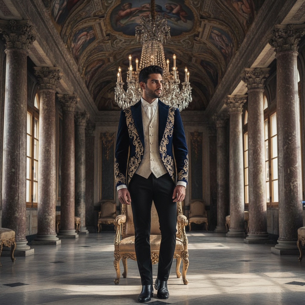 Michael, a striking 29-year-old Middle Eastern male figure, stands regally in the opulent surroundings of a royal palace. He wears a tailored, navy velvet smoking jacket with intricate gold embroidery, paired with an ivory hourglass waistcoat and tailored black trousers. Polished leather boots add sophistication to his ensemble. The luxurious chamber features towering marble columns, frescoed ceilings, and sunlight filtering through grand arched windows, creating soft shadows. A majestic chandelier hangs above, enhancing the grandeur. His refined posture, one hand on an ornately carved armrest, exudes command and grace, while his intense gaze reflects contemplation, blending traditional elegance with contemporary style, evoking the essence of Renaissance portraiture. The lighting accentuates his strong features, capturing the interplay of power and vulnerability in a noble setting.