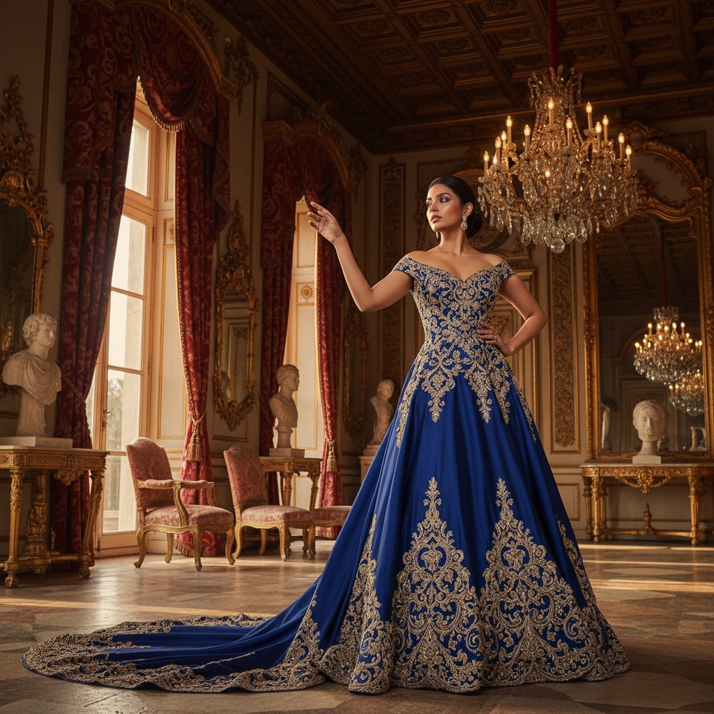 Olivia, a striking 31-year-old Indian woman, embodies modern royalty in a regal editorial shoot set within an opulent royal palace. She wears a breathtaking evening gown of crushed duchesse satin in deep royal blue, adorned with hand-embroidered gold filigree. The gown features an off-the-shoulder design and a flowing A-line silhouette with a dramatic train. Her confident pose, characterized by one arm raised gently and the other resting on her hip, creates an S-curve that showcases her grace. The scene is lit with golden hour sunlight filtering through grand palace windows, complemented by lush velvet drapery and a sparkling chandelier above, evoking a sense of timeless elegance and authority, while also communicating warmth and modern femininity.