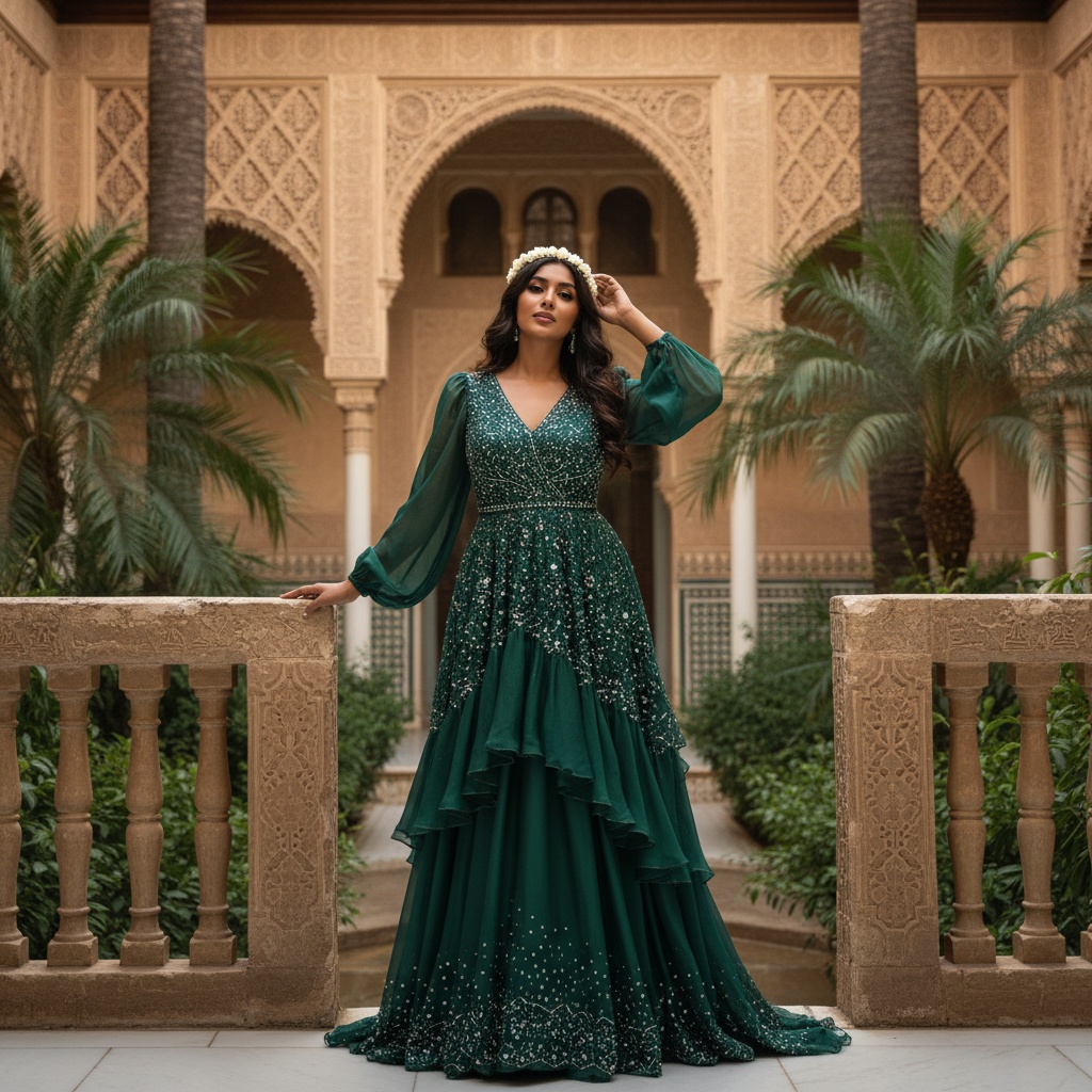 Jane, a captivating 24-year-old Indian woman, elegantly poised in the opulent courtyard of the Alcázar, surrounded by lush greenery and intricate Moorish architecture. She wears a breathtaking gown of deep emerald silk chiffon, adorned with hand-embellished crystal detailing. The gown features cascading tiers reminiscent of the nearby fountains, with long, sheer sleeves billowing in the breeze. Her hair flows in soft waves, decorated with a delicate crown of jasmine flowers. One hand gracefully rests on a stone balustrade while the other tosses her hair back, embodying grace and vitality. The golden hour light filters through intricate latticework, casting soft shadows that enhance her features, evoking a sense of luxury and elegance—capturing the essence of both a dreamlike fairy tale and vibrant modern femininity. The overall atmosphere is one of romantic nostalgia, highlighting the timeless connection between past and present. Portrait style -- trigger word: Jane