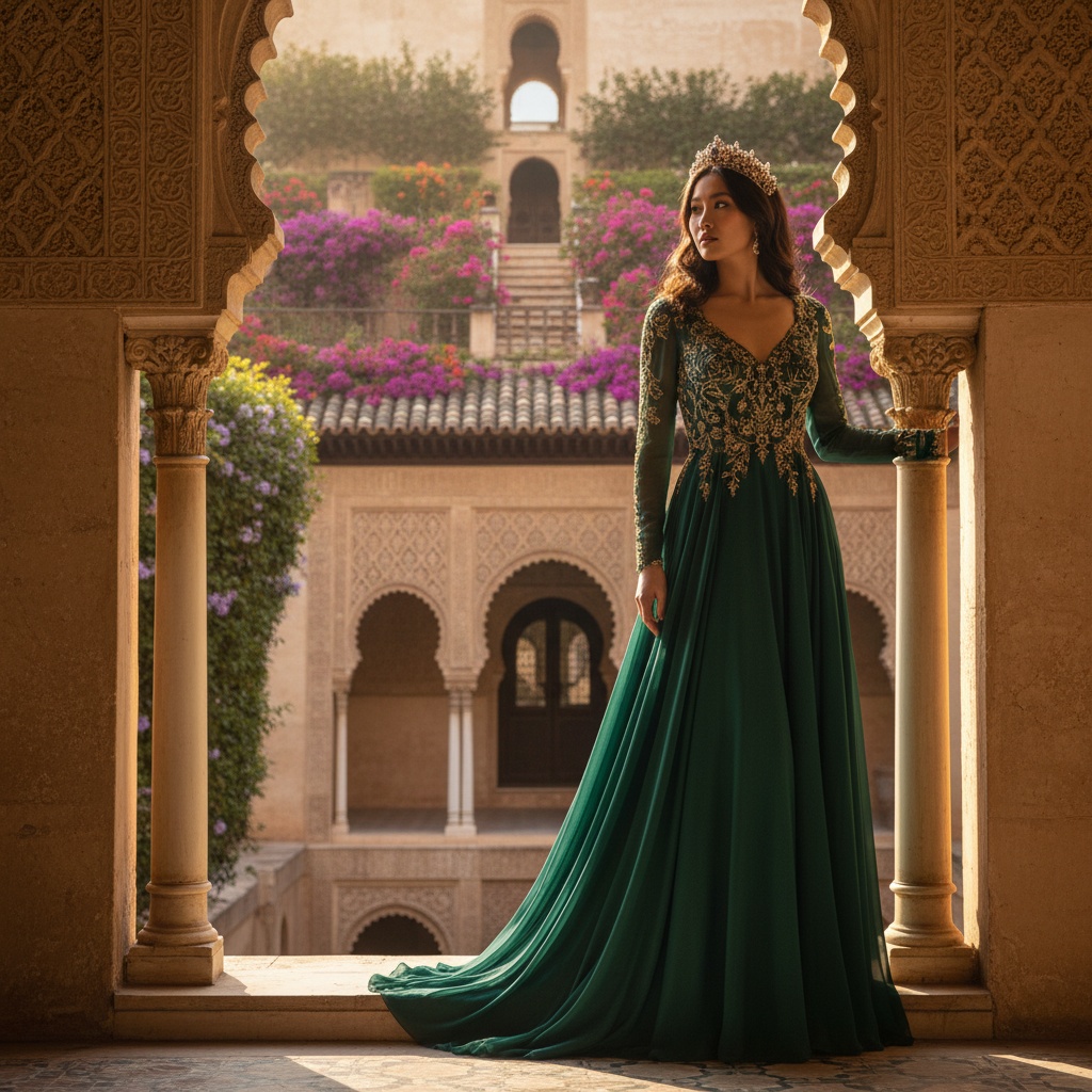A mesmerizing portrait of Jane, a 29-year-old Asian woman, capturing the regal spirit of an ancient alcazar. She stands poised at the edge of a sun-drenched terrace, overlooking intricate Moorish architecture framed by ornate arches. Draped in a deep emerald green silk chiffon gown that cascades gracefully, her fitted bodice adorned with delicate embroidery glints like gold in the afternoon light. Her hair, in loose waves, is accentuated with a vintage jeweled diadem. The lush garden background bursts with bougainvillea, creating an ethereal beauty. The soft, golden sunlight filters through the archways, casting intricate shadows and creating a halo effect around her silhouette, embodying a modern take on classic nobility. This captivating image evokes the enchanting allure of a timeless story deserving of the pages of Vogue Italia.