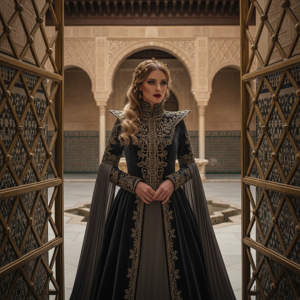 Sarah, a 30-year-old white woman, embodies the regal essence of a modern queen in the opulent courtyard of an Alcázar, showcasing the majesty of Moorish architecture. She is draped in a luxurious charcoal-hued velvet gown adorned with intricate gold embroidery and a high, structured neckline. With cascading hand-pleated sleeves, her ethereal silhouette captivates. Her hair, loose and romantic, features gold filigree hairpieces that catch the light, while bold smoky eyes and deep crimson lips enhance her powerful yet graceful expression. The chiaroscuro lighting accentuates her features and casts dramatic shadows on the ornately tiled walls, framed by a gilded wrought-iron gate, inviting the viewer into a dreamlike realm of strength and vulnerability.