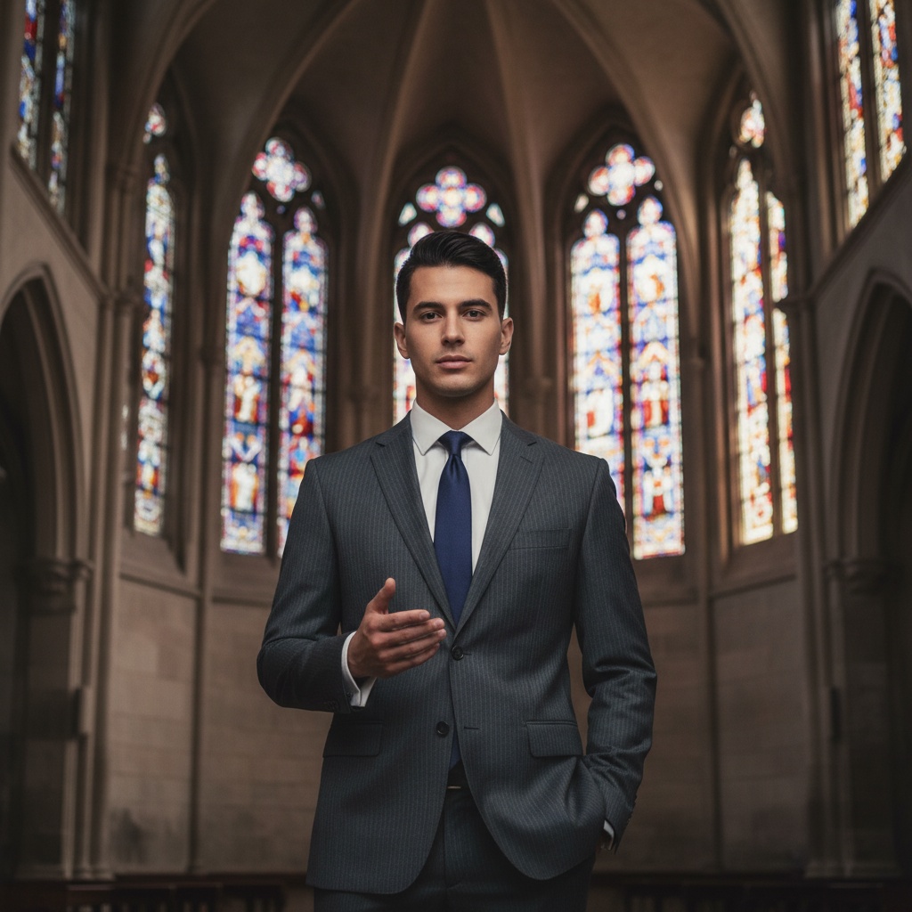 John, a striking 22-year-old Latin male figure, stands confidently at the heart of an ancient cathedral, embodying elegance and gravitas akin to a modern scholar. Dressed in a tailored charcoal grey suit with subtle pinstripes, sharp lapels, and intricate detailing, he exudes sophistication. A crisp white shirt and deep indigo silk tie complement his attire, harmonizing with the rich hues of the stained glass windows around him. The cathedral's soaring arches rise majestically behind him, illuminated by soft, diffused light streaming through the colorful glass, casting an ethereal glow across his face. His relaxed yet powerful stance, hand tucked into his pocket and the other gesturing expressively, invites contemplation. The use of shallow depth of field isolates him from the textured stone walls, enhancing visual tension, while soft lighting creates subtle highlights on his features, reminiscent of classical portraiture, perfectly suited for a Vogue Italia feature or an art gallery exhibition.