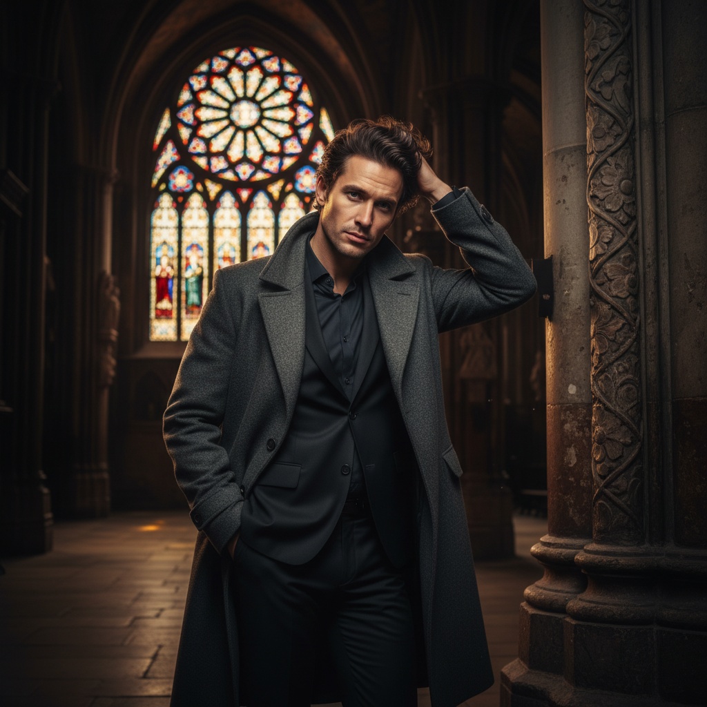John, a 32-year-old Caucasian man exuding the effortless charisma of a modern-day prophet, stands in the cavernous interior of an ancient cathedral. Dressed in an intricately tailored charcoal wool overcoat, he is illuminated by soft light filtering through stained glass, casting colors across his chiseled features. His pose is contemplative, resting one hand on a stone pillar while the other brushes against his tousled dark hair, suggesting introspection and authority. The stunning interplay of light and shadow, reminiscent of Caravaggio's chiaroscuro, highlights his sharp cheekbones and brooding expression, creating a spiritual atmosphere among the towering arches. This moment captures the essence of a seeker in a sacred space, conveying a narrative that marries the contemporary with the spiritual, enhanced by the trigger word John.